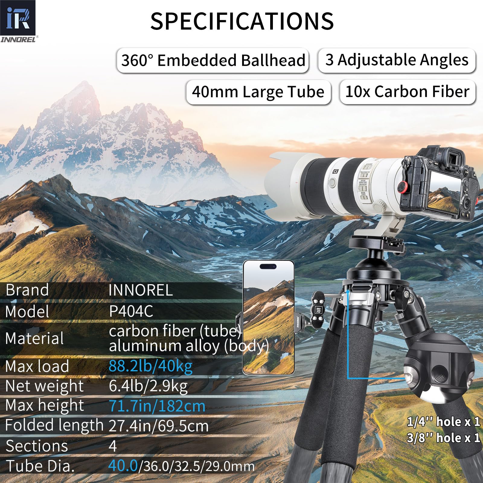 INNOREL P404C 72" Carbon Fiber Tripod for Hunting with Arca Swiss Dovetail Mount and 360° Ballhead(2.5"), 40mm Tube Tripods with Heavy Duty Construction for Photography and Outdoors, Load 88lb/40kg