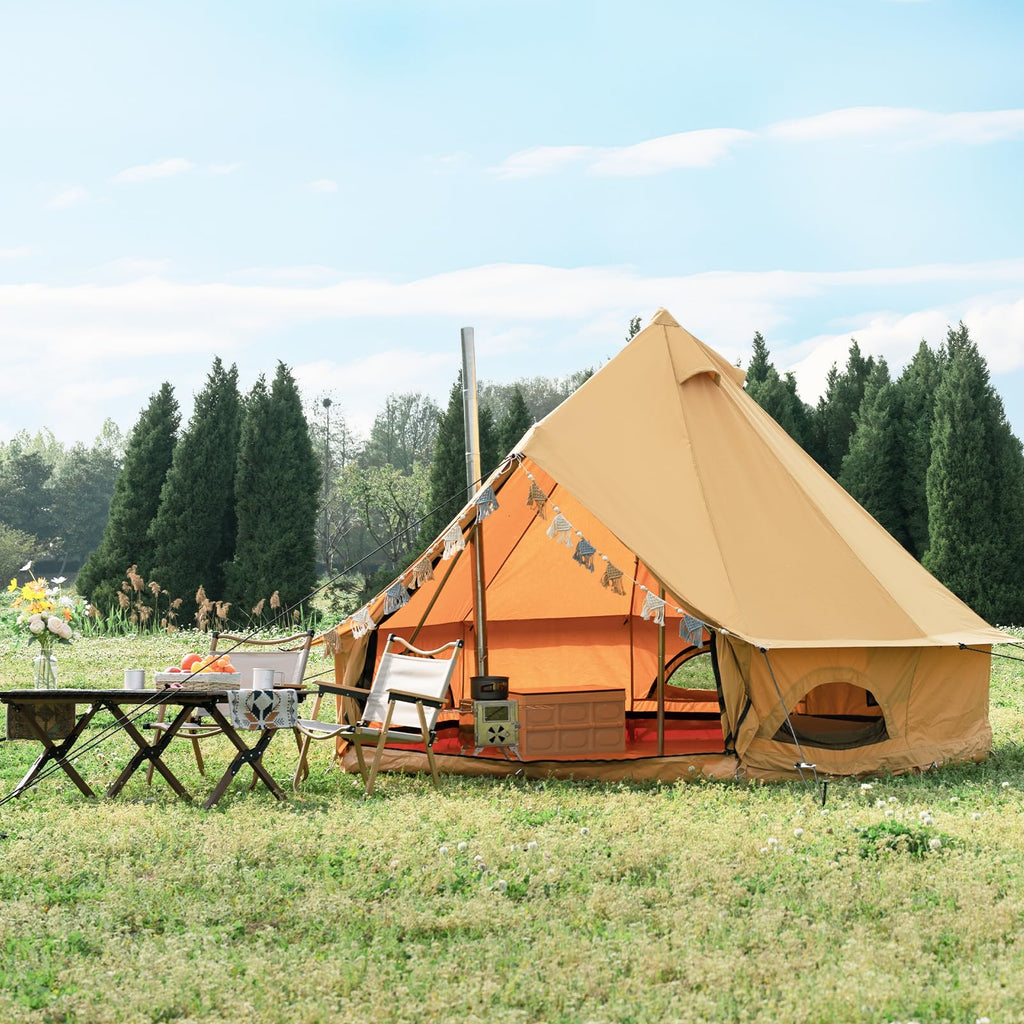 WaldZimmer Canvas Bell Tent 10ft Ginger with Stove Jack and Zipped Removable Floor, Luxury Outdoor Glamping Yurt Cotton Tent for Family Truck Car Camping Hunting Party