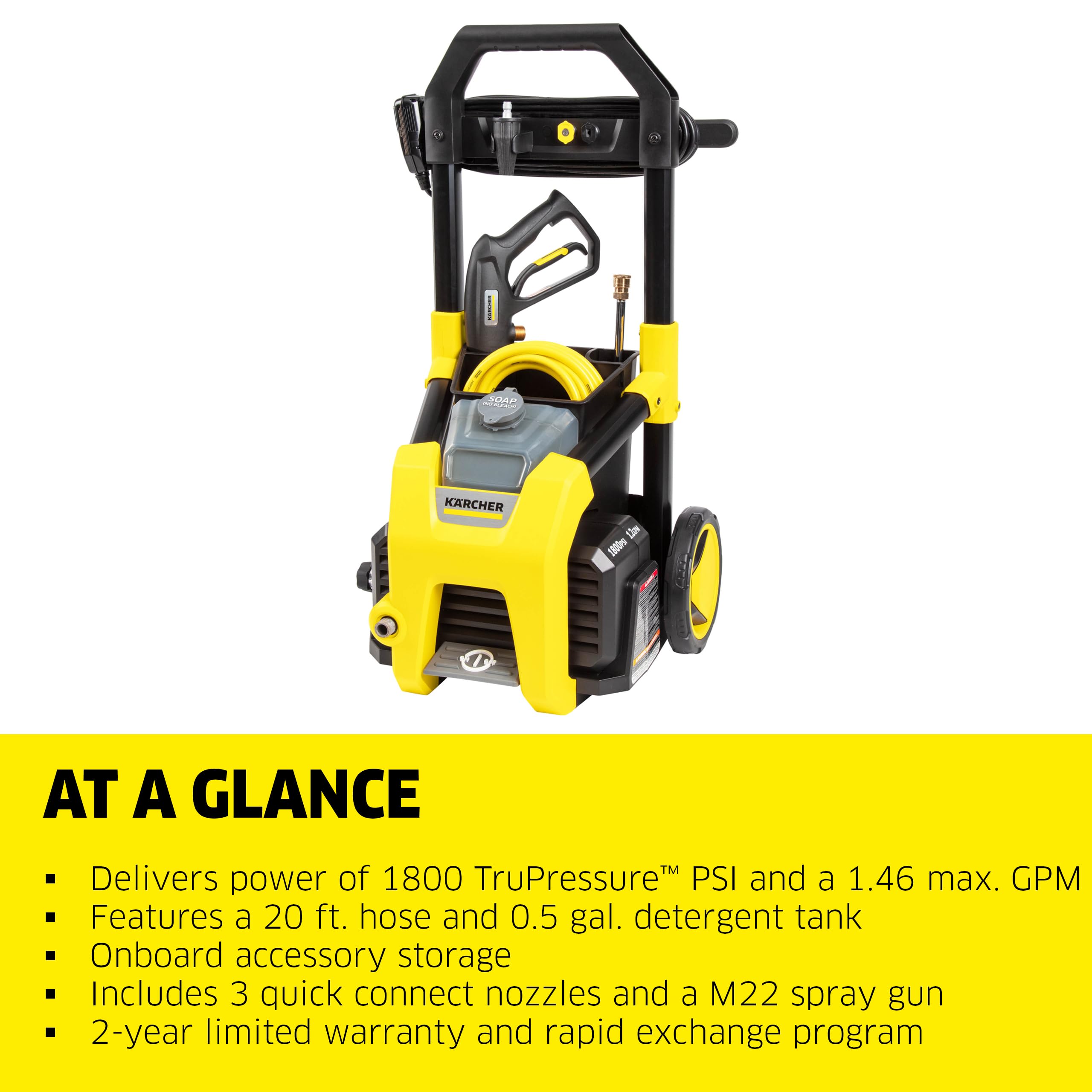 Kärcher Electric Pressure Washer K1800PS, CETA Certified, 3 Spray Nozzles, Detergent Tank, for Cars, Driveways, Siding, Patios, 1.2 GPM
