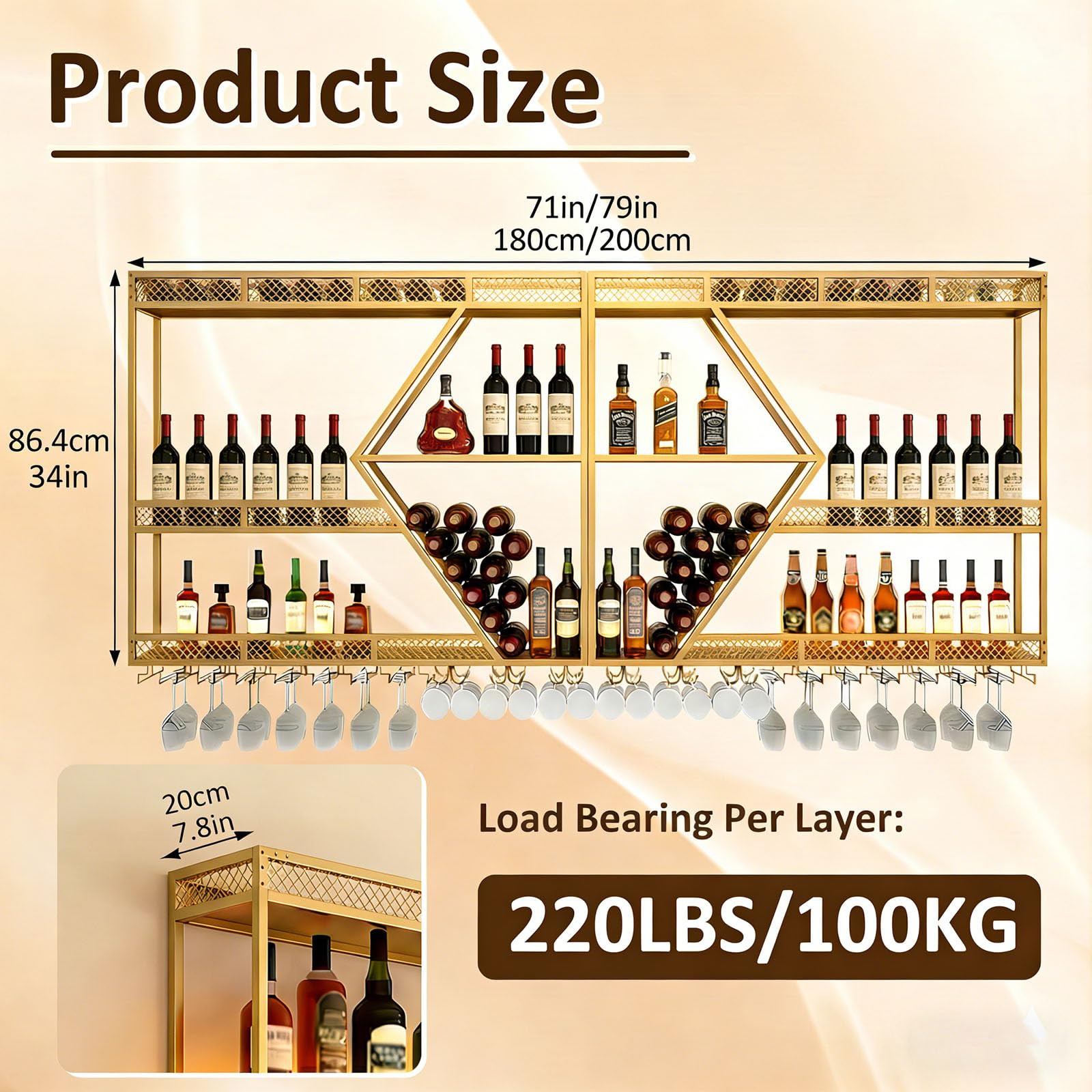Wall Mounted Wine Rack, 71 Inch, 3-Tier Metal Bottle Shelf with Wine Glass Holder and LED Lights, Industrial Style for Home Bar, Restaurant (Gold, 71in)