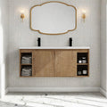 Trygoal Floating Bathroom Vanity, 48" Bathroom Storage Cabinet with Double Resin Sinks, 2 Soft-Close Doors & 4 Open Storage Shelves, Modern Wall-Mounted Vanity with 45° Bevel Handles, Oak