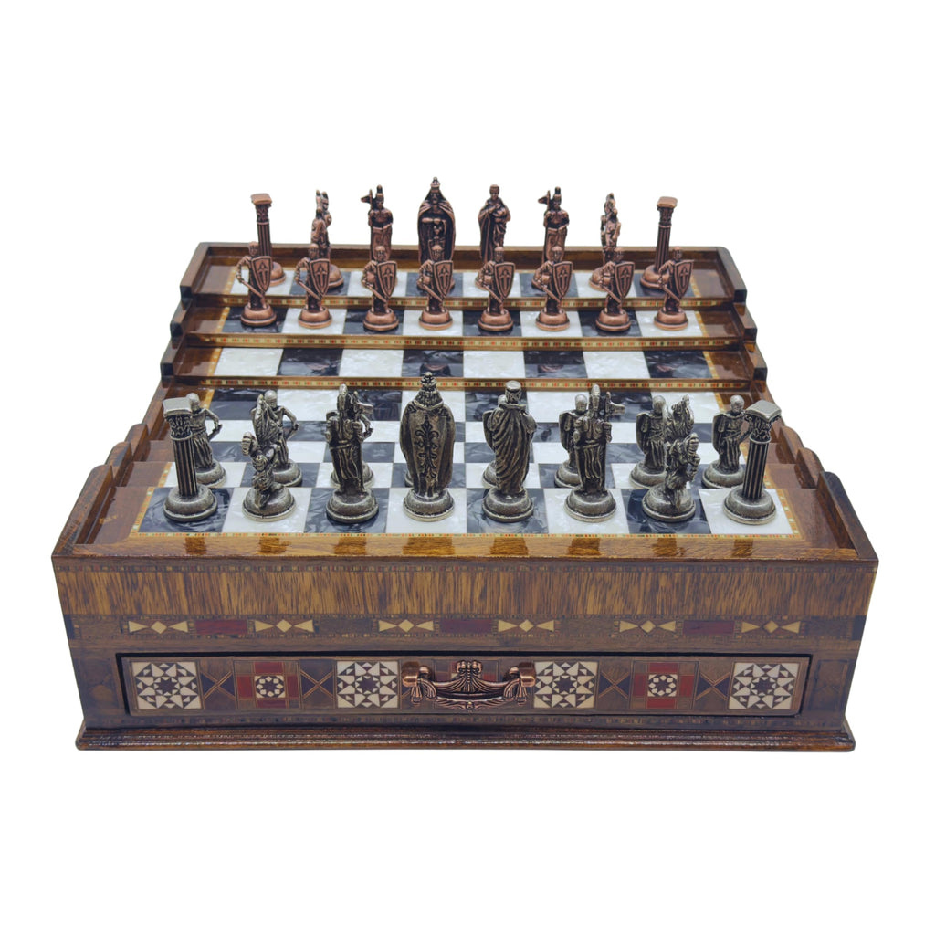 Luxury Handmade Wooden Chess Set with Storage Drawers – Large Walnut & Rosewood Chess Board with Weighted Metal British Pieces – Chess Set for Adults, Men & Dad