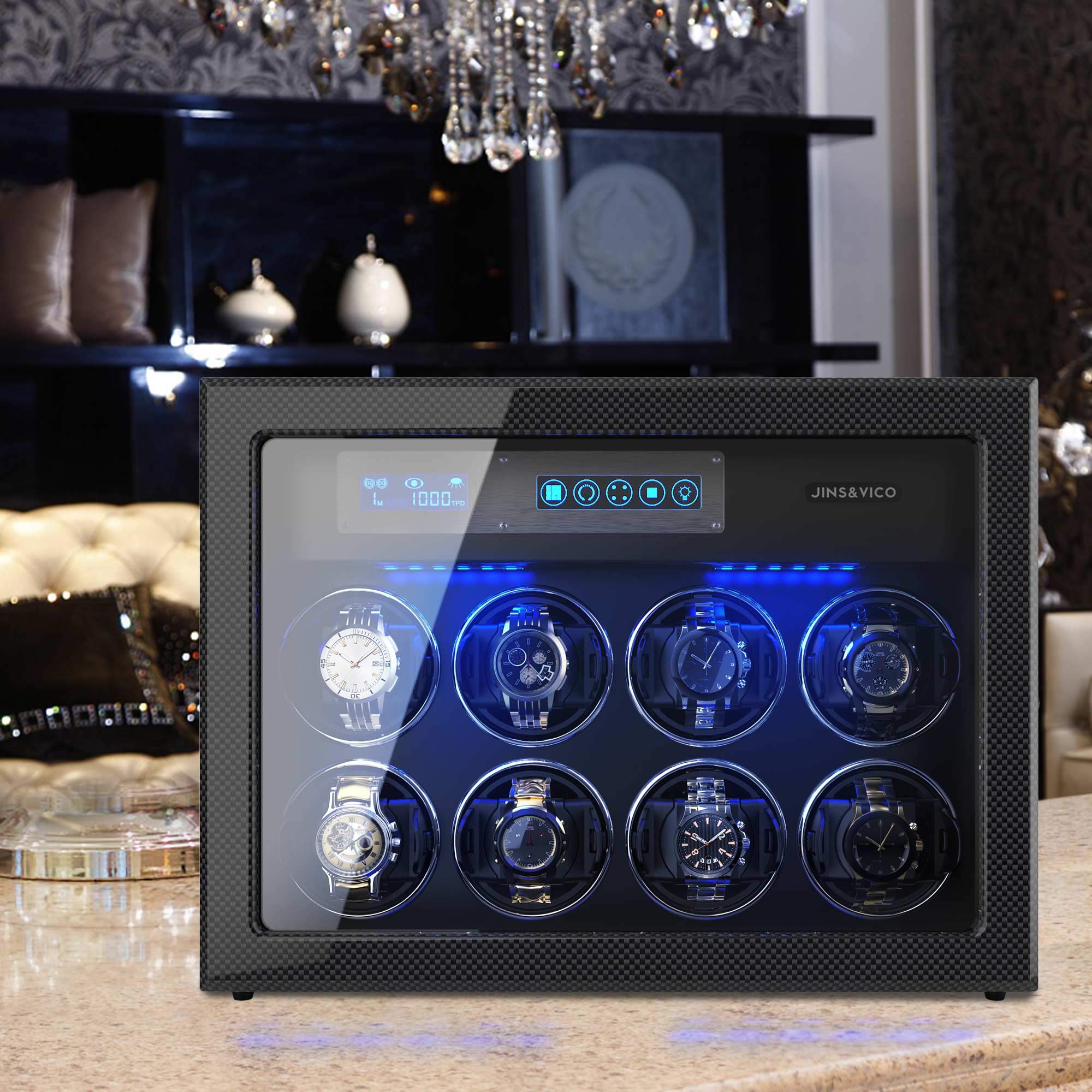 JINS&VICO Watch Winder for Automatic Watches, Carbon Fibre Shell with High-Gloss Lacquer, Upgraded Adjustable Watch Pillows Fit for Universal Lady and Men's Watch, Built-in Illumination