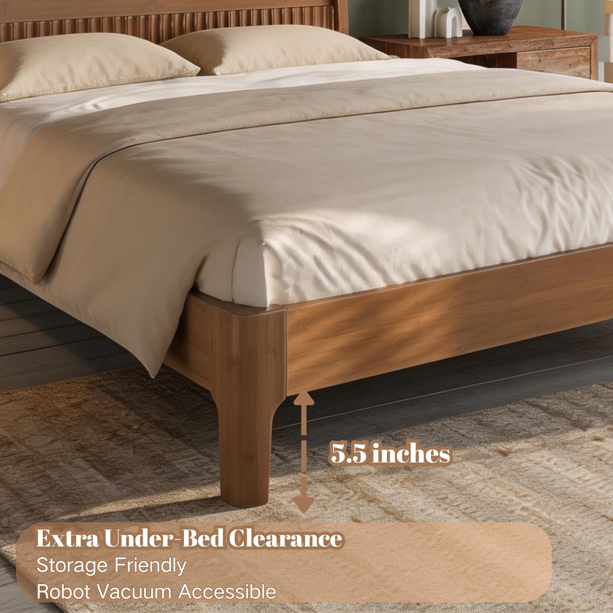 Full Size Platform Bed with Bamboo-made Structure, Mid-century Style Bedframe with Chic Design Headboard, Sustainable Bed Frame Full for Bedroom, No Box Spring Needed & Easy Assembly, Warm Brown