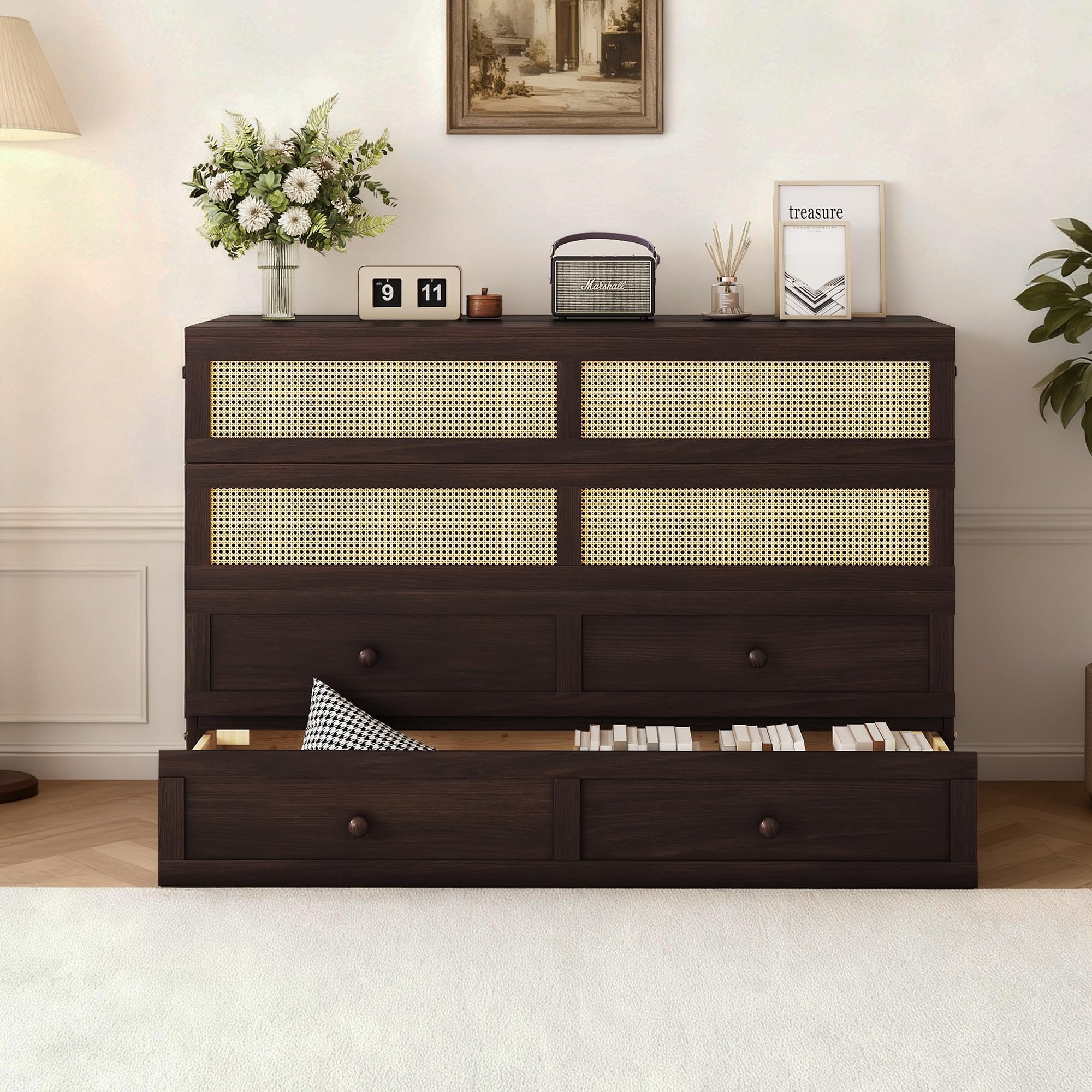 DNYN Queen Size Murphy Bed Frame with Storage Drawer for Bedroom/Guest/Study Room, Space-Saving Foldable Bed with Rattan Decoration, No Box Spring Needed & Easy Assemble