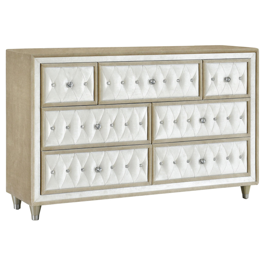 Coaster Home Furnishings - Antonella - Engineered Wood - 7-Drawer Upholstered Dresser with Modern Classic Style, Button-Tufted Details, Faux Crystal Accents - Bedroom - Ivory and Camel - 223523