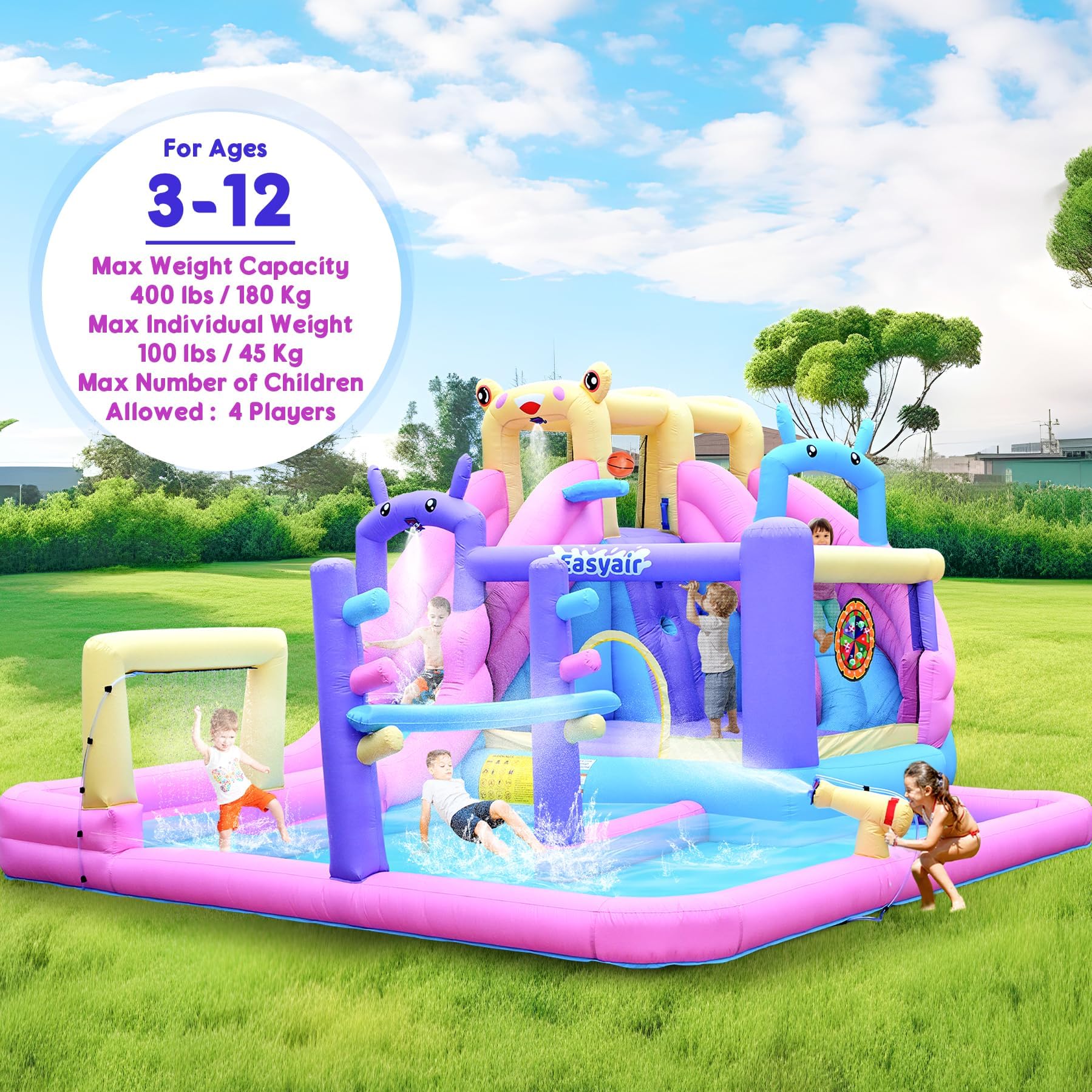 Easyair Inflatable Bounce House Water Slide Combo, Blow Up Water Slides for Backyard, Kids Jumper with Climbing Wall, Basketball Hoop, Splash Pool with Blower