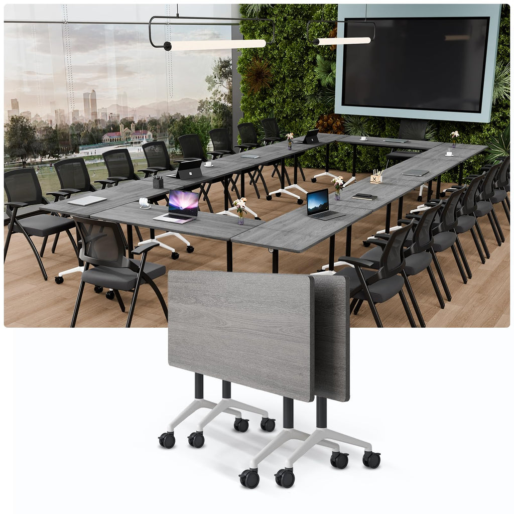 JNMDLAKO Modular Folding Conference Table with Locking Wheels, 8 Pack Flip Top Mobile Training Table, Modern Meeting Seminar Tables for Office, Hotel Conference Room(8,Grey,71" L x 23" W x 29" H)