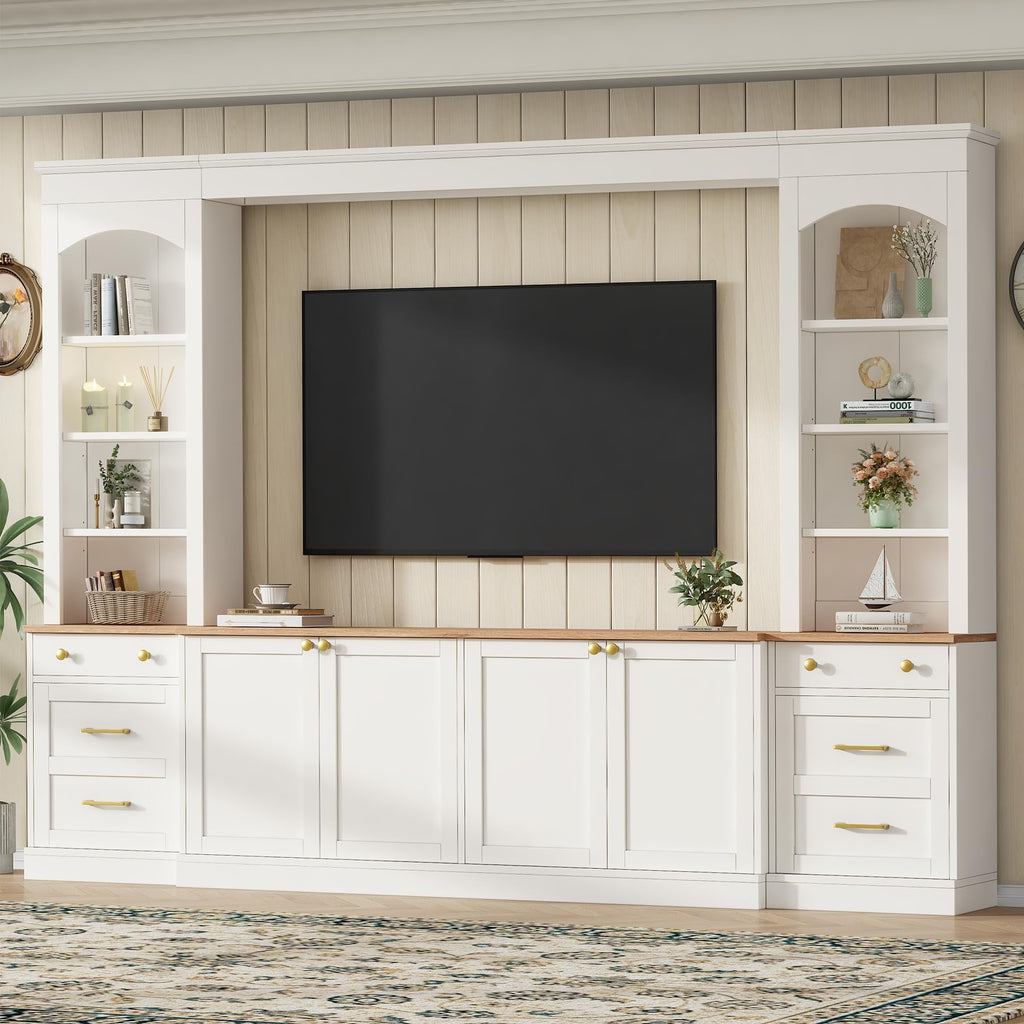 Merax Farmhouse 106-Inch Arched Entertainment Wall Unit Set with Adjustable Shelves, TV Stand for Televisions Up to 70'', Mid-Century Large Media Console with Drawers for Living Room, White