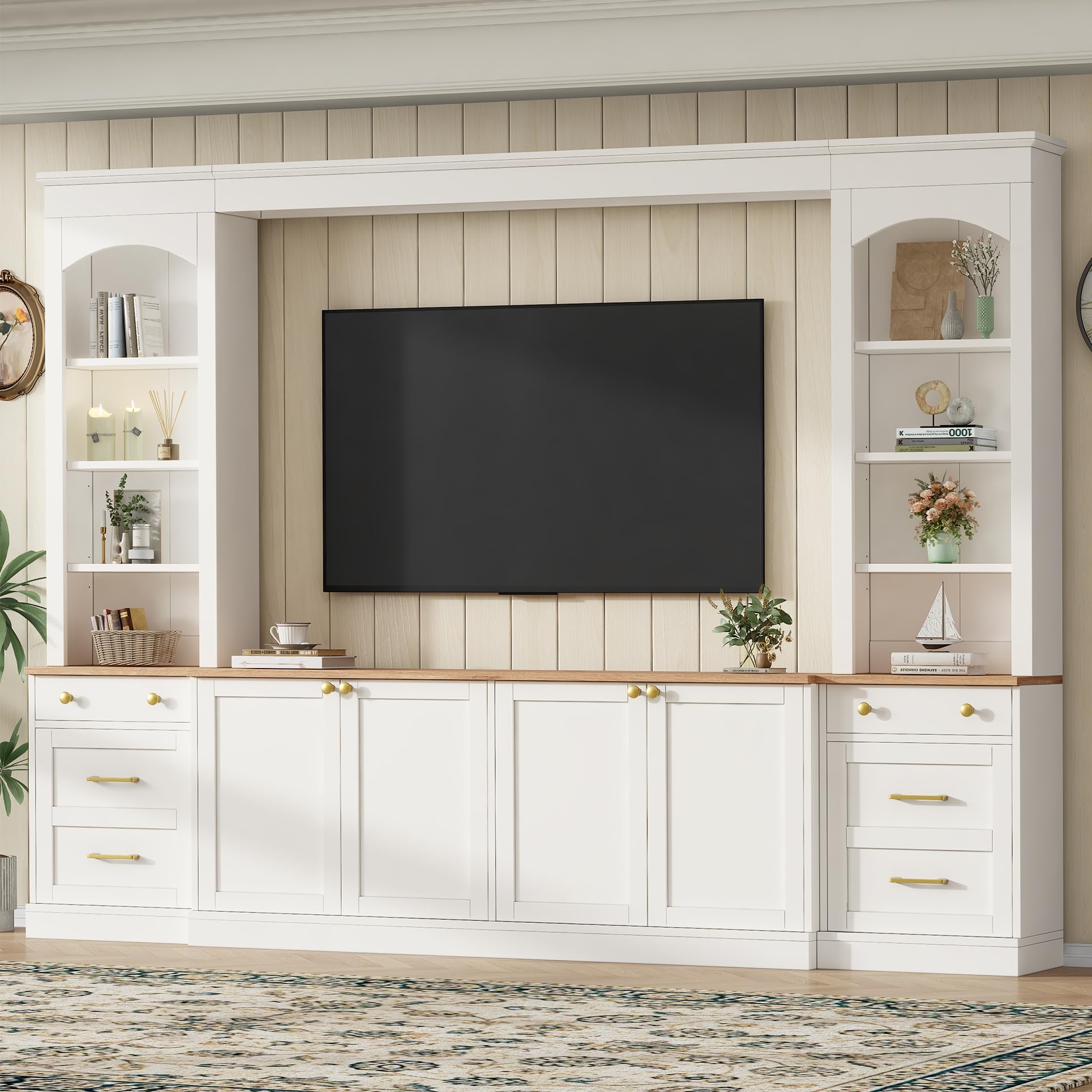 Merax Farmhouse 106-Inch Arched Entertainment Wall Unit Set with Adjustable Shelves, TV Stand for Televisions Up to 70'', Mid-Century Large Media Console with Drawers for Living Room, White