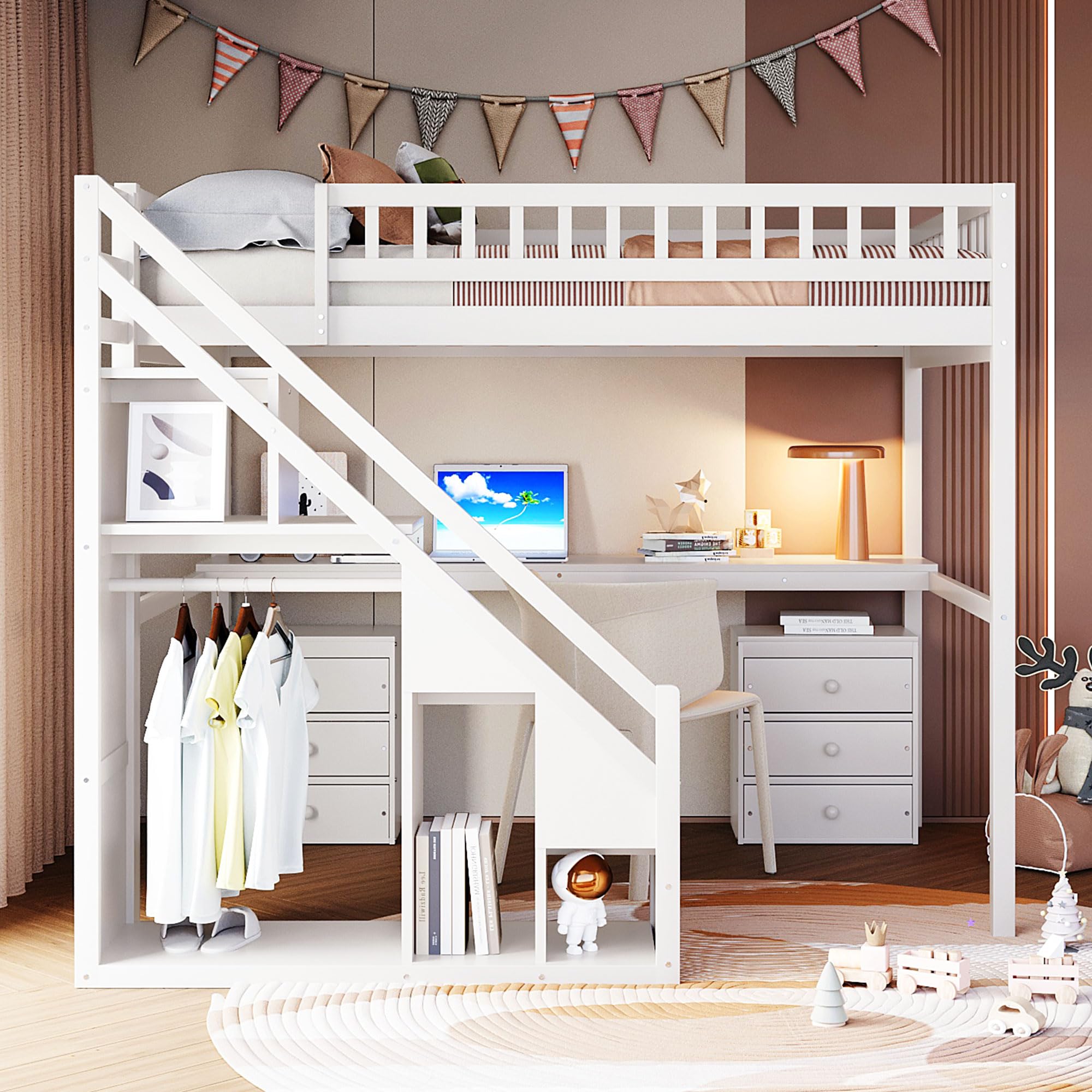 Merax Full Size Wood Loft Bed with Stairs, Built-in Desk, 2 Storage Drawers & Lights, Space Saving Bed for Teens, Adults, Study Loft Bed with Underbed Storage, White