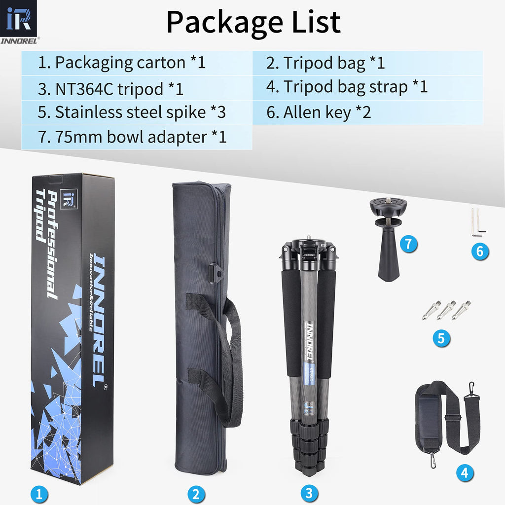 INNOREL NT364C Professional Carbon Fiber Tripod - Heavy Duty Camera Stand, 55lb/25kg Max Load, 75mm Bowl Adapter (Max Tube 36mm)