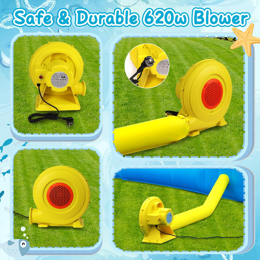 FBSPORT Inflatable Bounce House Water Slide, Bounce House for Kids with Toy Market Stand Splash Pool Bouncer Climbing Wall Water Gun Ball Dart, Bouncy Castle W/620W Blower for Outdoor Indoor, Red