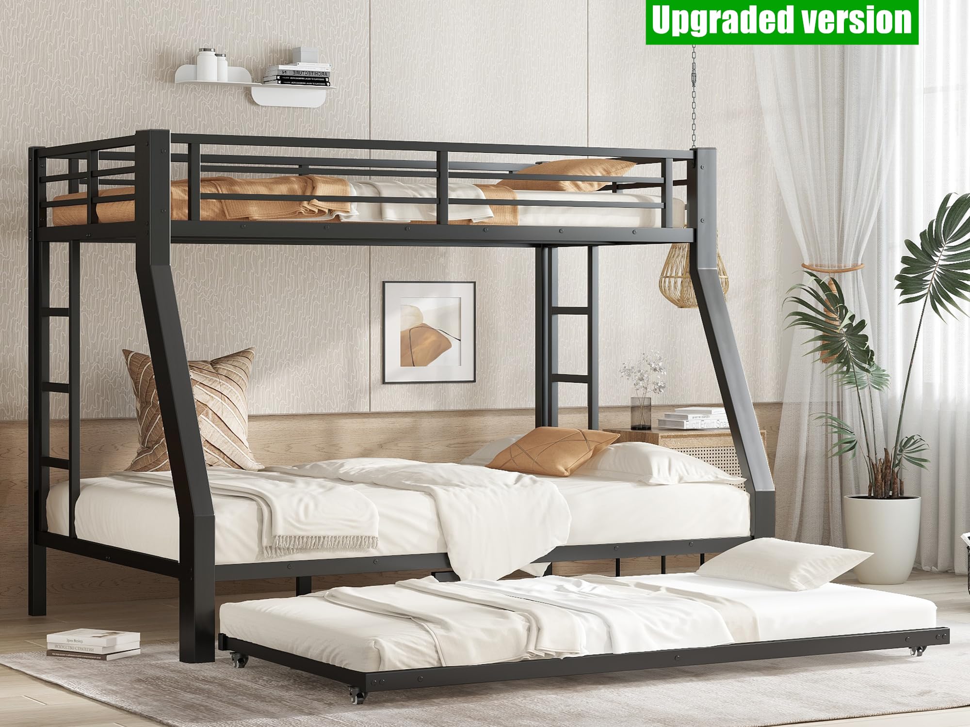 NOAHLEO Stronger & Safer Heavy Duty Metal Twin Over Full Bunk Bed with Twin Trundle for Adults Teens, More Stable Thickened Steel Bunkbed (Twin Over Full Bunk Bed with Twin Trundle)