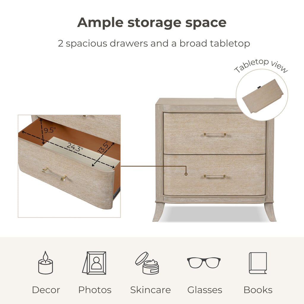 Furniture of America Saries Transitional Solid Wood 30-inch 2-Drawer Nightstand with Acrylic Hardware, Wooden Bedside Table, No Assembly for Bedroom, Guest Room, Space Saving, Natural Oak