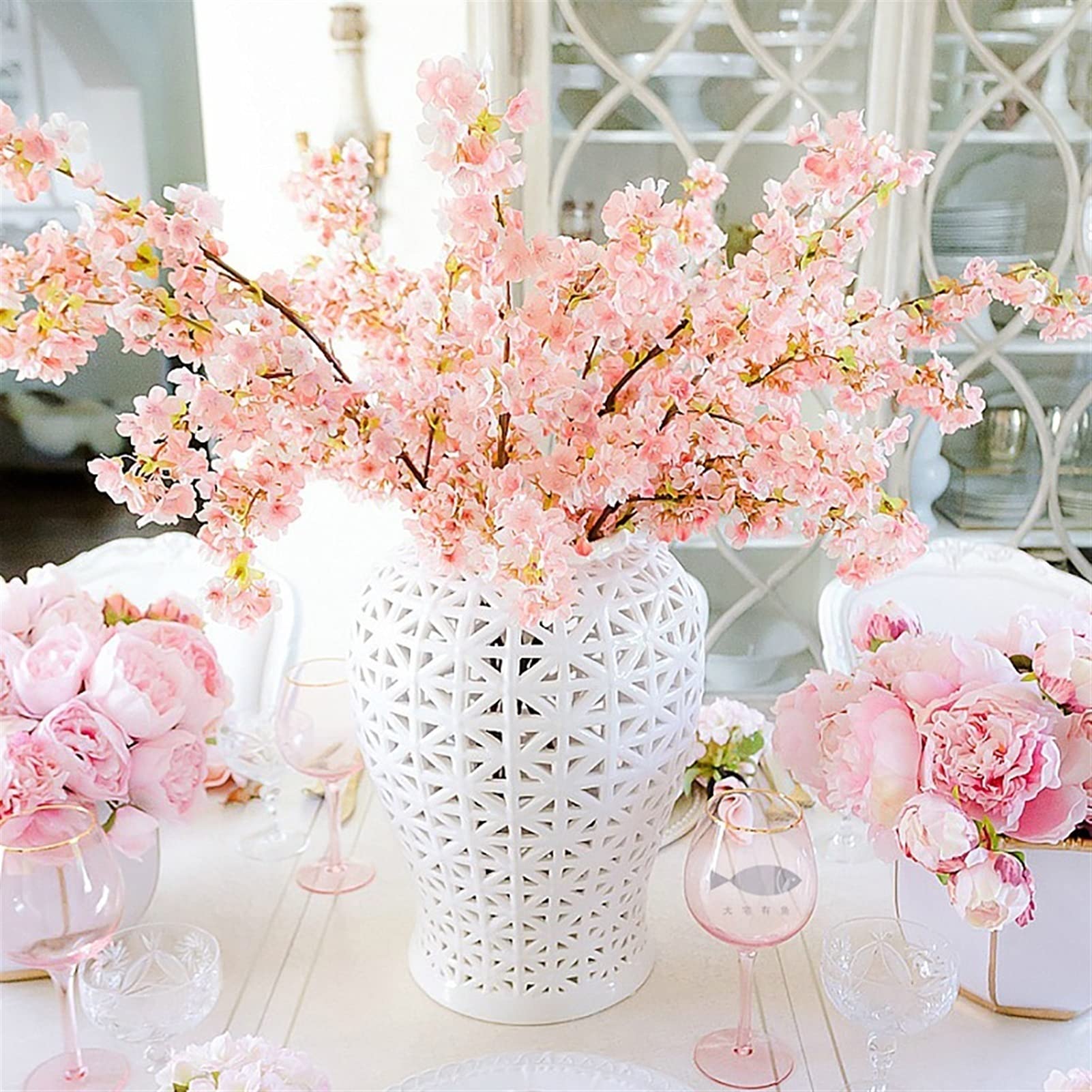 Ginger Decorative Jar with Lid White Porcelain Handcrafted Ceramic Vases for Flowers Traditional Chinese White Carved Lattice Ginger Jar with Lid Decorative Porcelain Vases Temple,White23*38cm