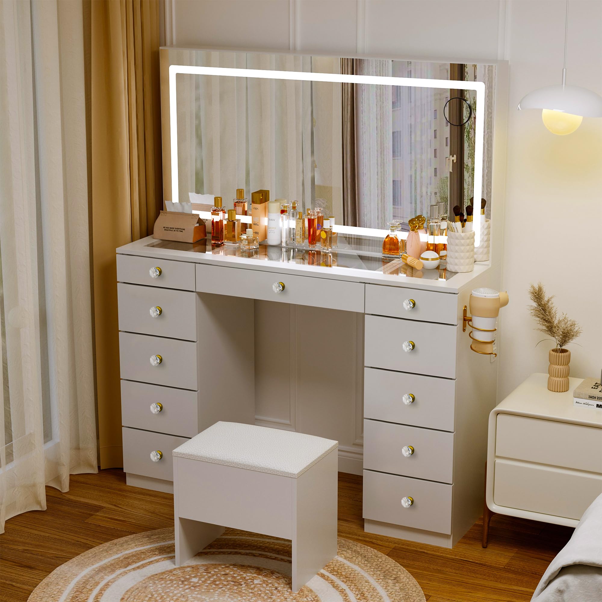 Pamapic Glass Top Vanity Desk with Crystal Handles, 11 Drawers Makeup Vanity with Mirror and Stool, 3 Lighting Modes Dressing Table, Power Outlet, Silent Slides, White