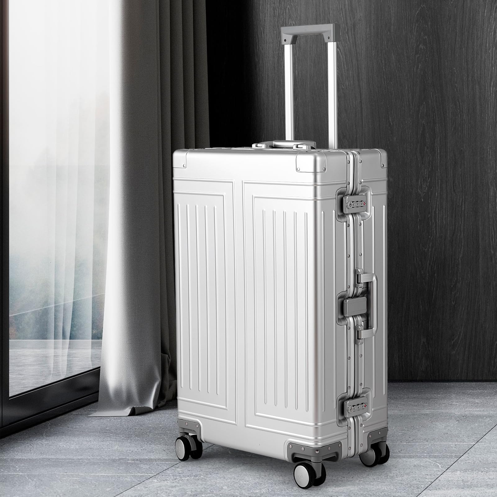 KANGSHILU All Aluminum Magnesium Luggage 28inch，Cut from Whole Aluminum Sheet（3rd Generation，Premium Magnesium Metal zipperless suitcase ） (silvery, 28inch)