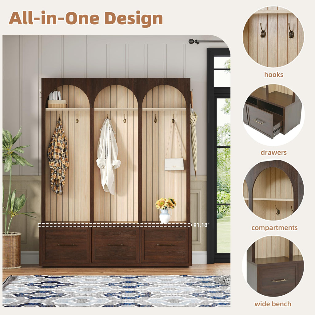 Merax Farmhouse Wood Hall Tree with Shoe Bench and 3 Drawers, 4-in-1 Entryway Coat Rack with 8 Hooks for Entrance, Hallway, Mudroom Dark Walnut