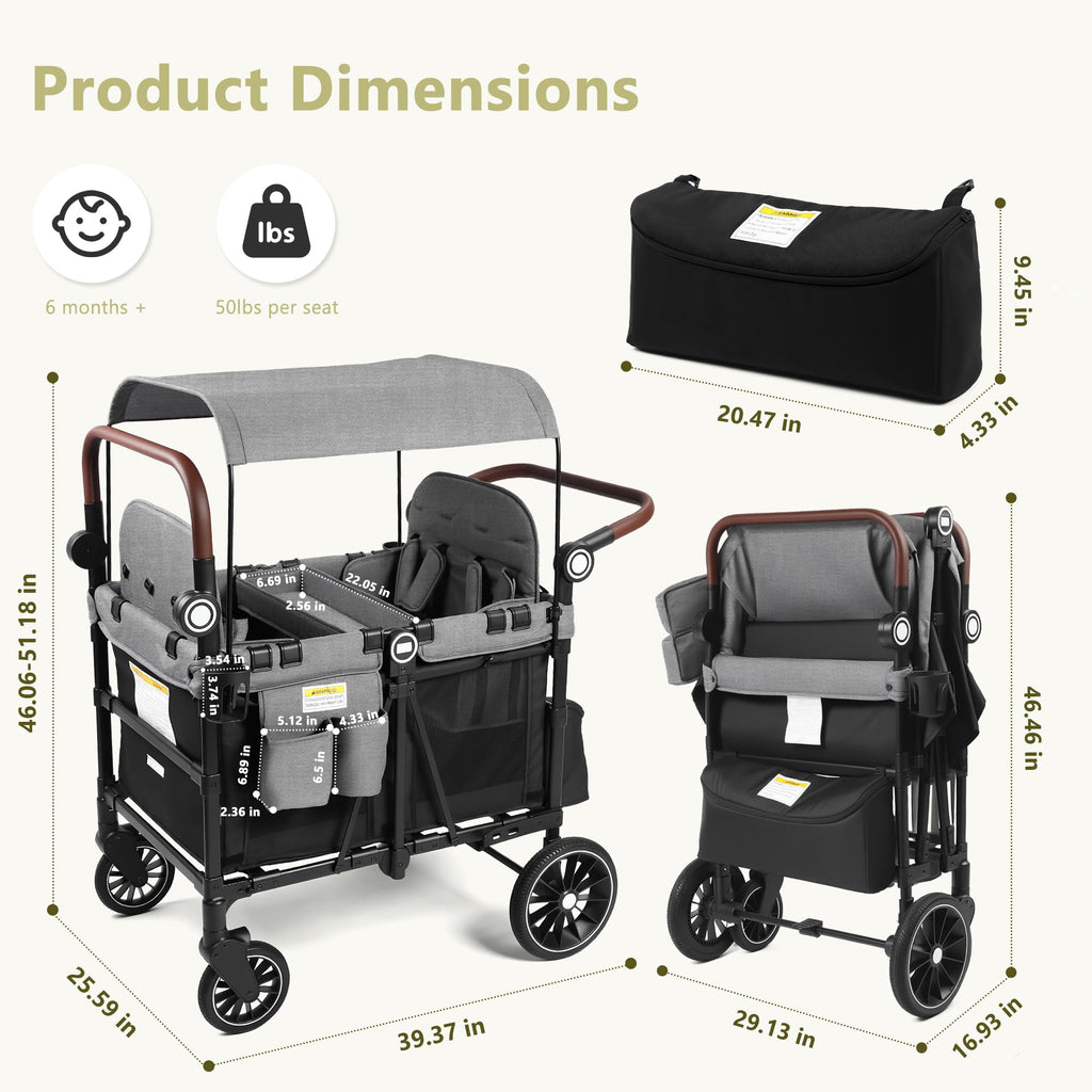 Kinder King Wagon Stroller for 4 Kids, All-Terrain Foldable Outdoor Stroller Wagon 4 Seater, Removable Canopy, Adjustable Handle, Detachable Tray, Black&Grey