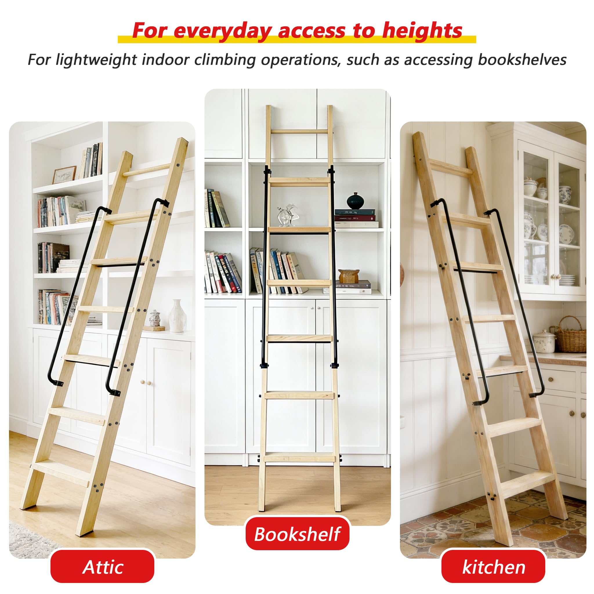 104RDHOUSE 96in Attic Rolling Library Ladder, 8 Step Wooden Ladder with,Loft Ladder Bookshelf,Wall Stairs Red Oak Stair Platform Bunkbed Ladder,for Home Kitchen,Warehouses,Bookstore,DIY Stain