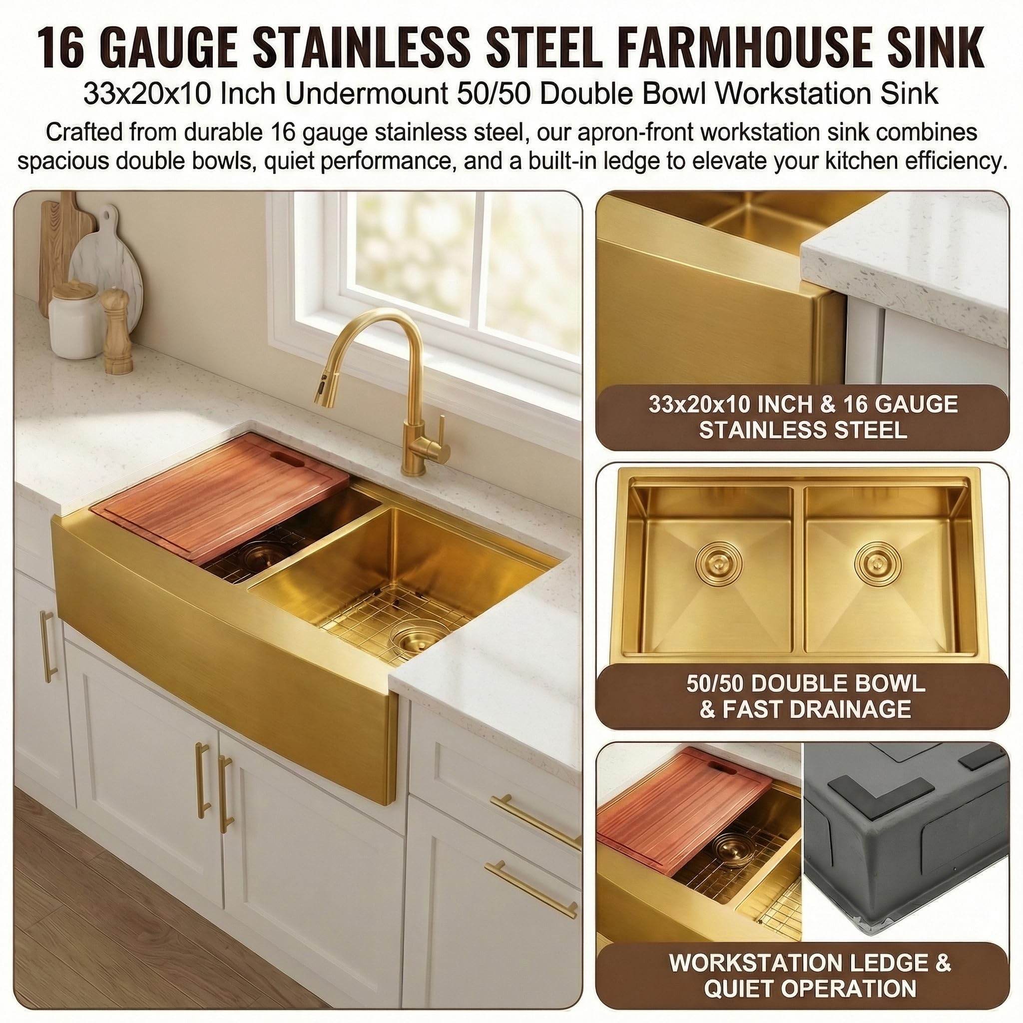 MILOSEN Gold Farmhouse Kitchen Sink, 33x20x10 Inch 50/50 Double Bowl Apron Front Undermount Sink, Gold Stainless Steel Workstation Farm Sinks with Ledge & Accessories, 10'' Deep Handmade Kitchen Sinks