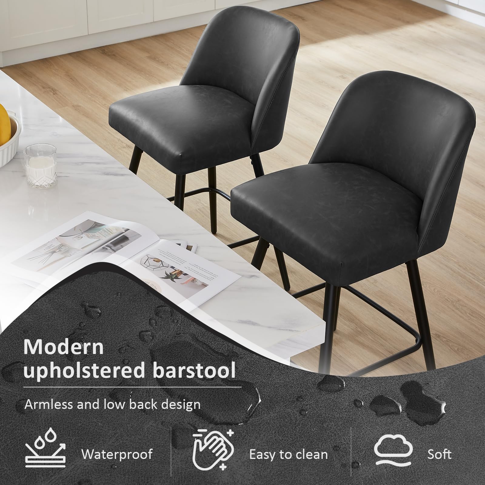Coolazy Counter Height Bar Stools Set of 4,360° Swivel Faux Leather Barstools with High Back 26" H Seat Height (Faux Leather-Grey, 4 Pieces - 26" Counter Height)