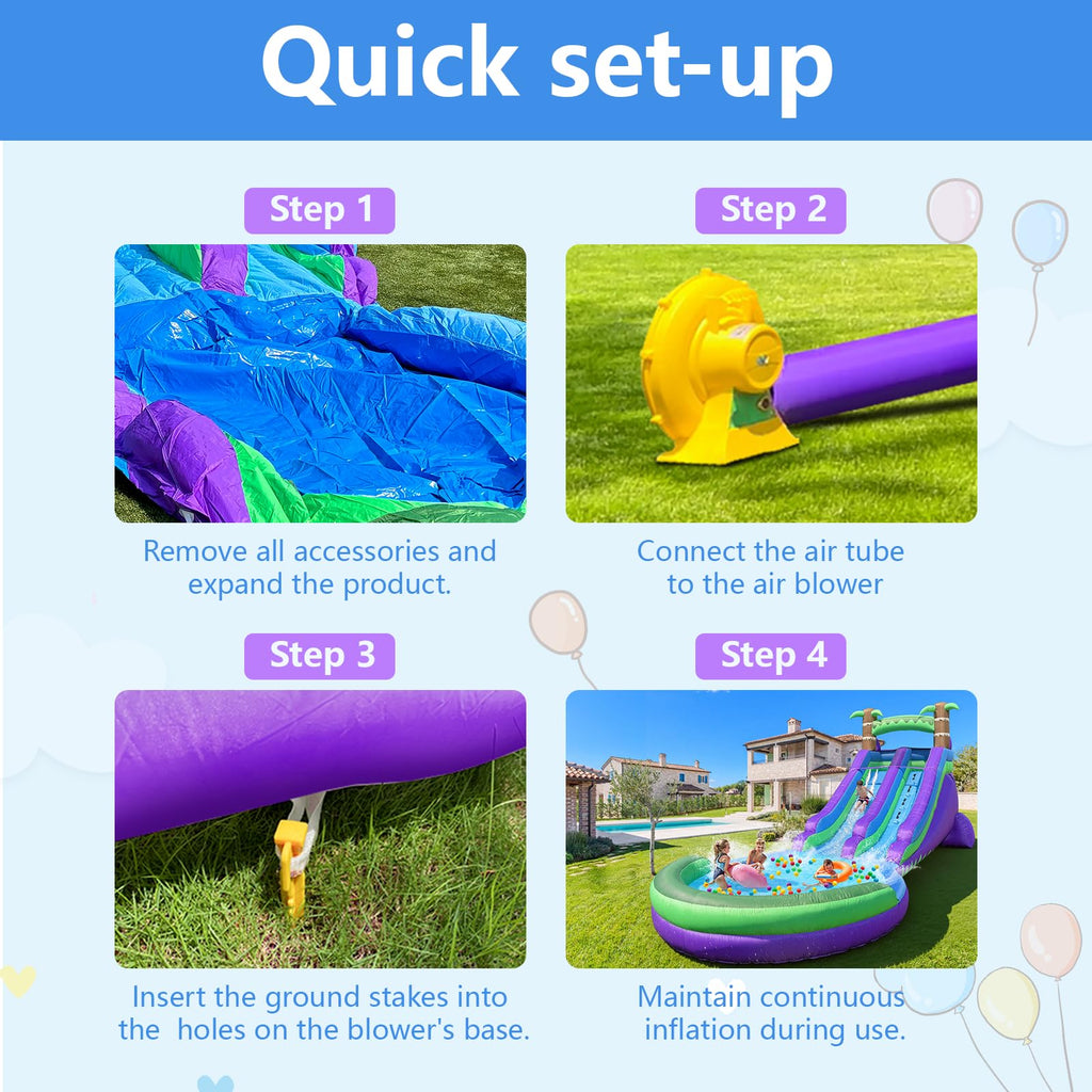 Inflatable Water Slide Backyard with Powerful Blower, Splash Pool & Spray Feature – Durable, Easy Setup, Fast Drainage, Summer Outdoor Water Park Fun for Kids & Adults (Rain Forest)