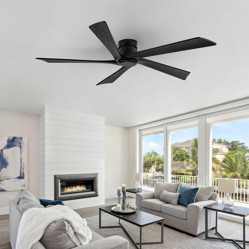 Vernal Life 64 Inch Modern Flush Mount Ceiling Fans no Light for Living Room, 5 Reversible Wood Blades, 6-Speeds, 110V Noiseless DC Motor (Black Finish with Black Blades)