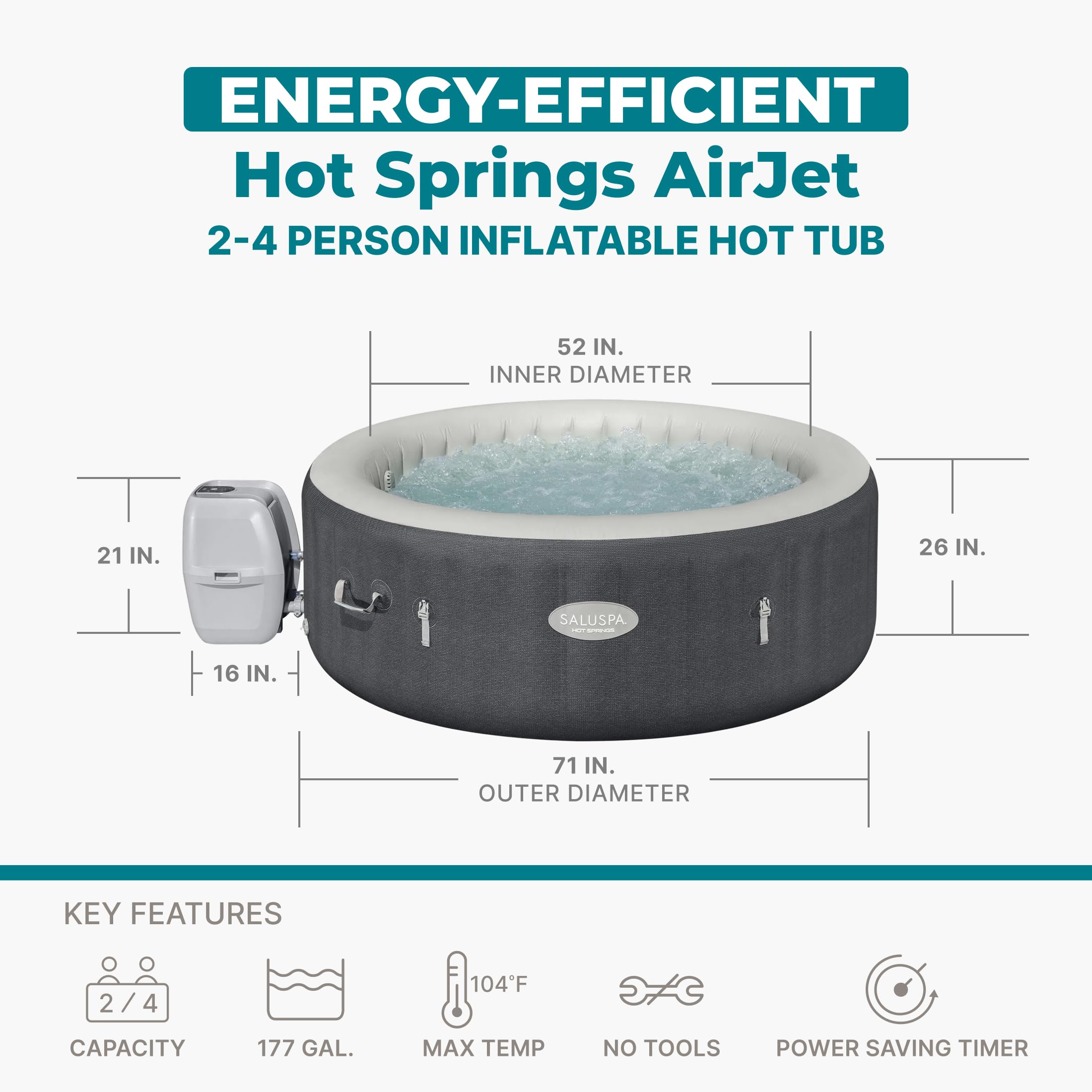 Bestway SaluSpa Hot Springs Inflatable Hot Tub, Fits Up to 2-4 Persons, Energy-Efficient Portable Spa, Outdoor Blow Up Hottub for Backyard, 120 AirJets, 71" x 26" Round