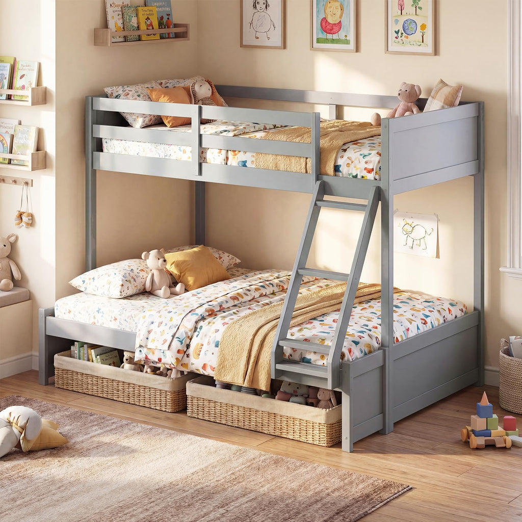 Giantex Twin Over Fulll Bunk Bed, Wood Bunk Bed with Full-Length Guardrails, Ladder, Under-Bed Storage Space for Dormitory, Bedroom, Apartment, Two Bed Frame with Slats for Teens, Kids, Adults, Grey