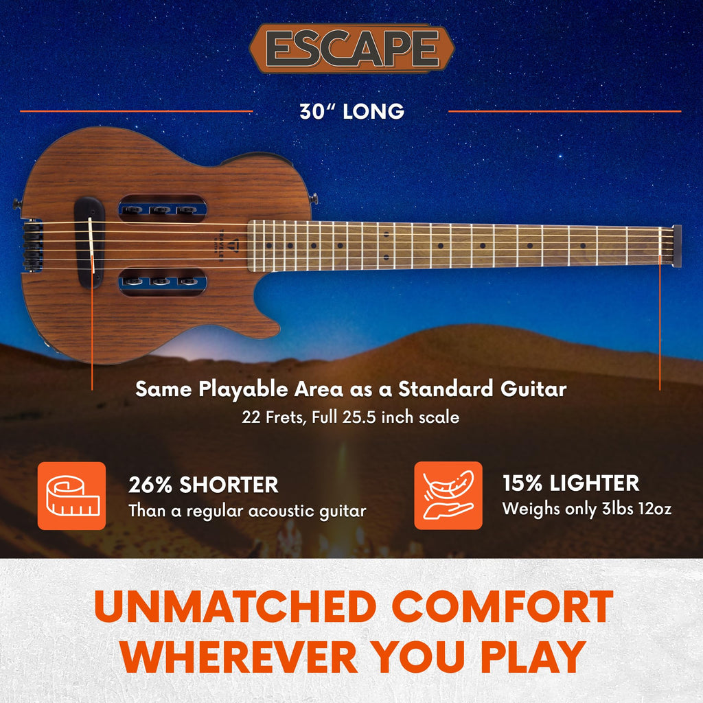 Traveler Guitar Escape Mark III Mahogany Acoustic Guitar | Portable Acoustic with Built-in Headphone Amp | Full 25.5" Scale Headless Guitar | Custom Gig Bag Included