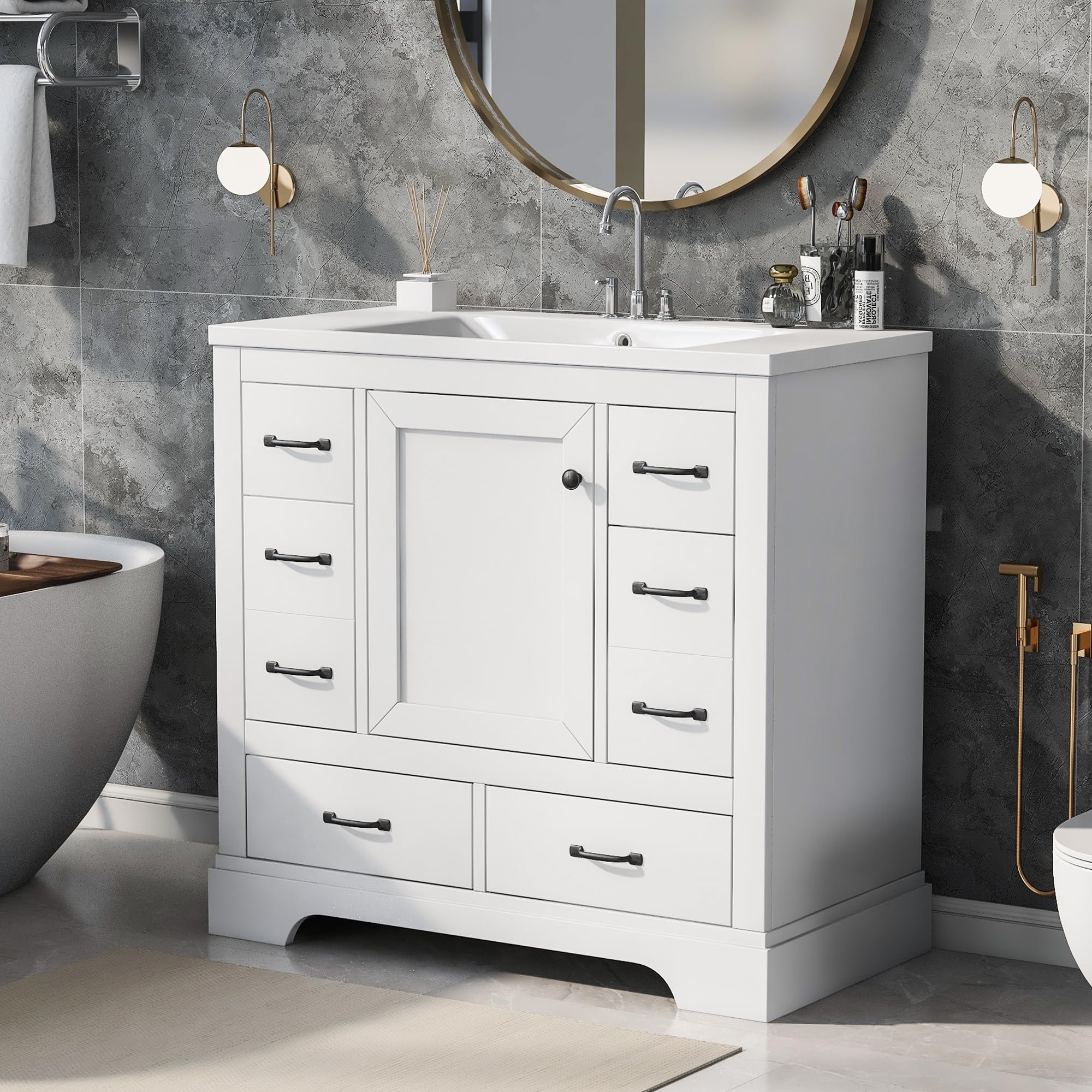 36" Bathroom Vanity Cabinet with Sink Set w/Painted Solid Wood Legs, Undermount Ceramic Top, Multi-Functional Drawers, Storage Dividers, White