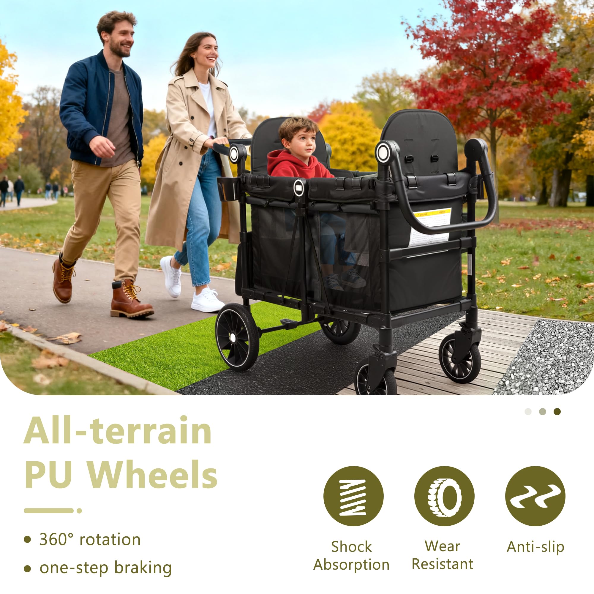 Kinder King Wagon Stroller for 2 Kids, All-Terrain Foldable Outdoor Stroller Wagon 2 Seater, Removable Canopy, Adjustable Handle, Shock-Absorbing Wheel, Detachable Tray, Large Storage, Black