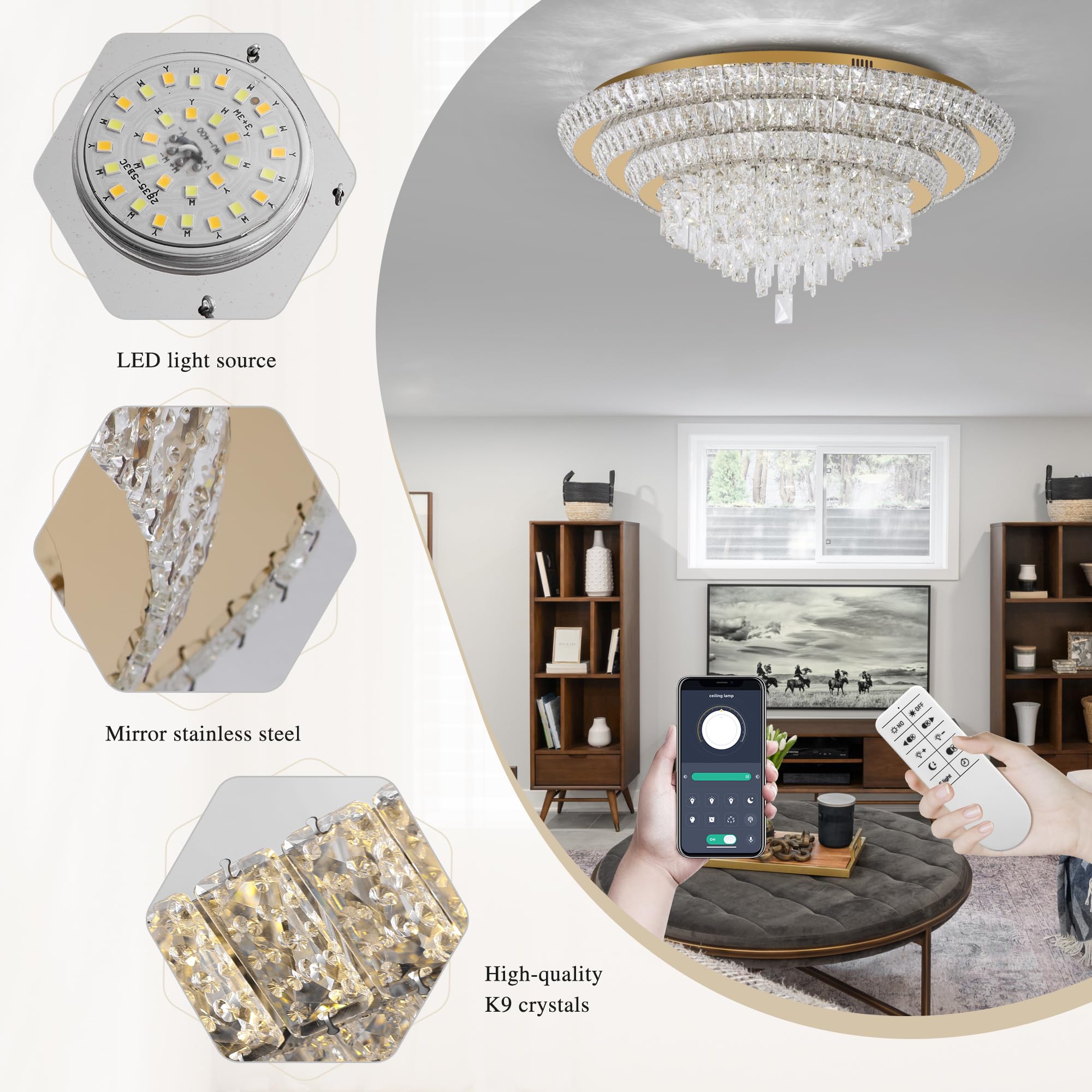 30 inch Flush Mount Crystal Chandeliers with Remote and APP Gold, Modern Elegant LED Crystal Raindrop Ceiling Light Fixture, 3CCT Dimmable, for Living Room Kitchen Island Bedroom Entryway Foyer