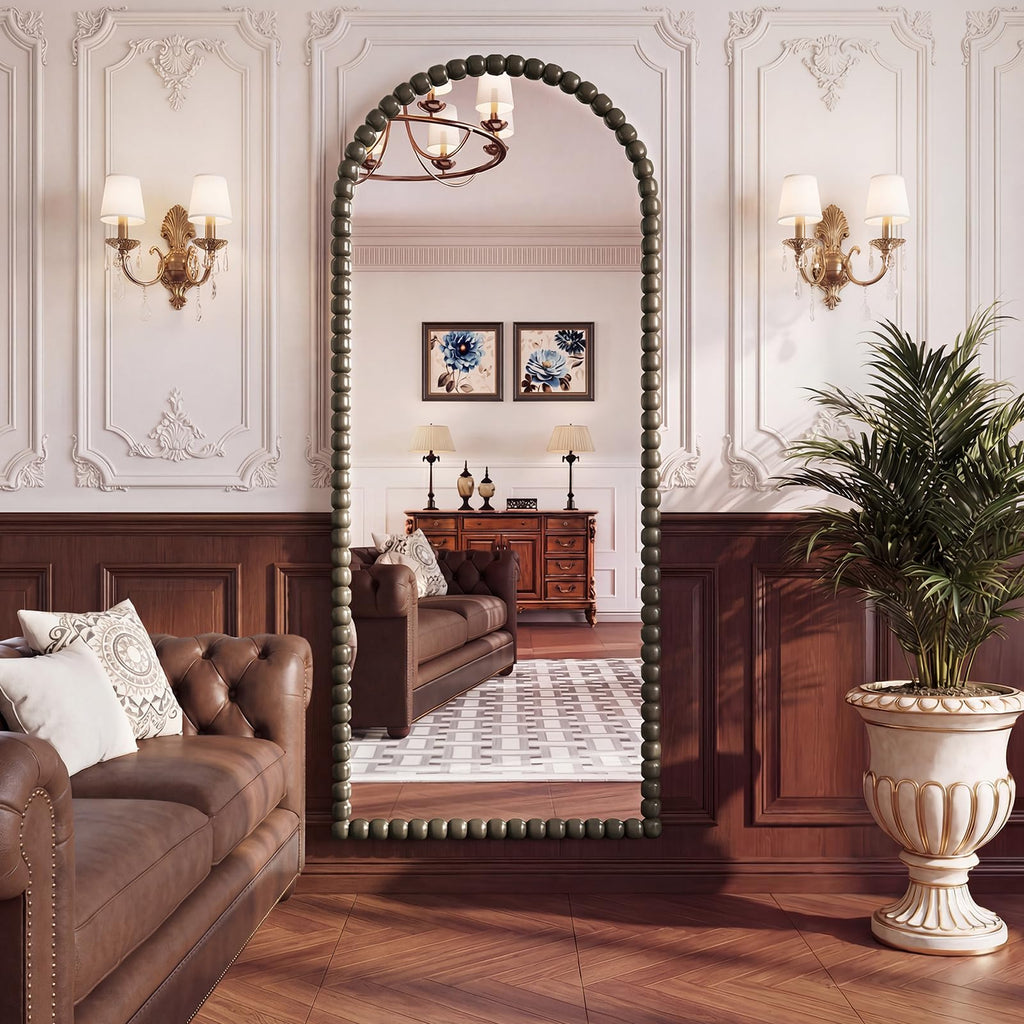 FlyEcho Arched Full Length Mirror, 71"x28" Antique Beaded Full Body Mirrors, Large Floor Mirror with Stand, Hanging Mounted for Bedroom Living Room Cloakroom Hallway Decor, PU Frame, Bronze
