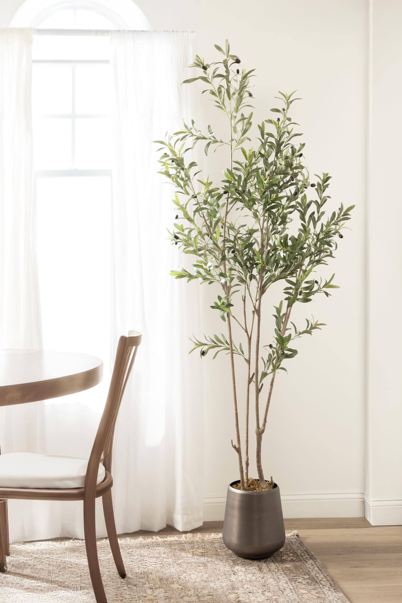 Kate and Laurel Oliveira Faux Olive Tree with Portell Metal Planter Pot, 7 FT, Gunmetal, Potted Artificial Olive Plant Tree with Realistic Foliage and Added Moss, Fake Plant Living Room Decor