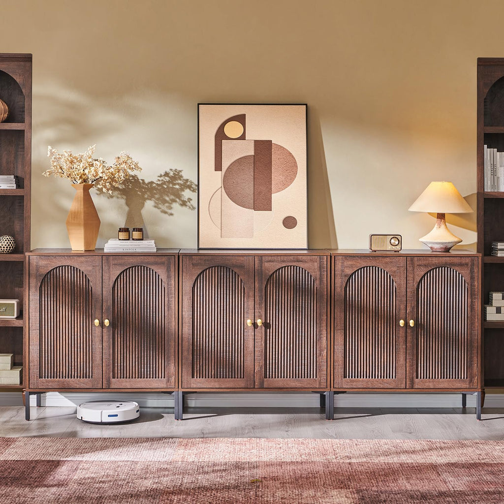IFGET Modern Buffet Cabinet with Storage, 92.63" W Fluted Arched Sideboard Cabinet w/Adjustable Shelves, Wooden Modular Coffee Bar for Dining Room, Kitchen, Living Room, Entryway, Brown