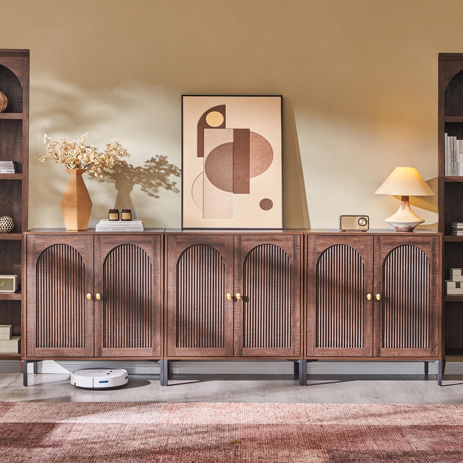IFGET Modern Buffet Cabinet with Storage, 92.63" W Fluted Arched Sideboard Cabinet w/Adjustable Shelves, Wooden Modular Coffee Bar for Dining Room, Kitchen, Living Room, Entryway, Brown