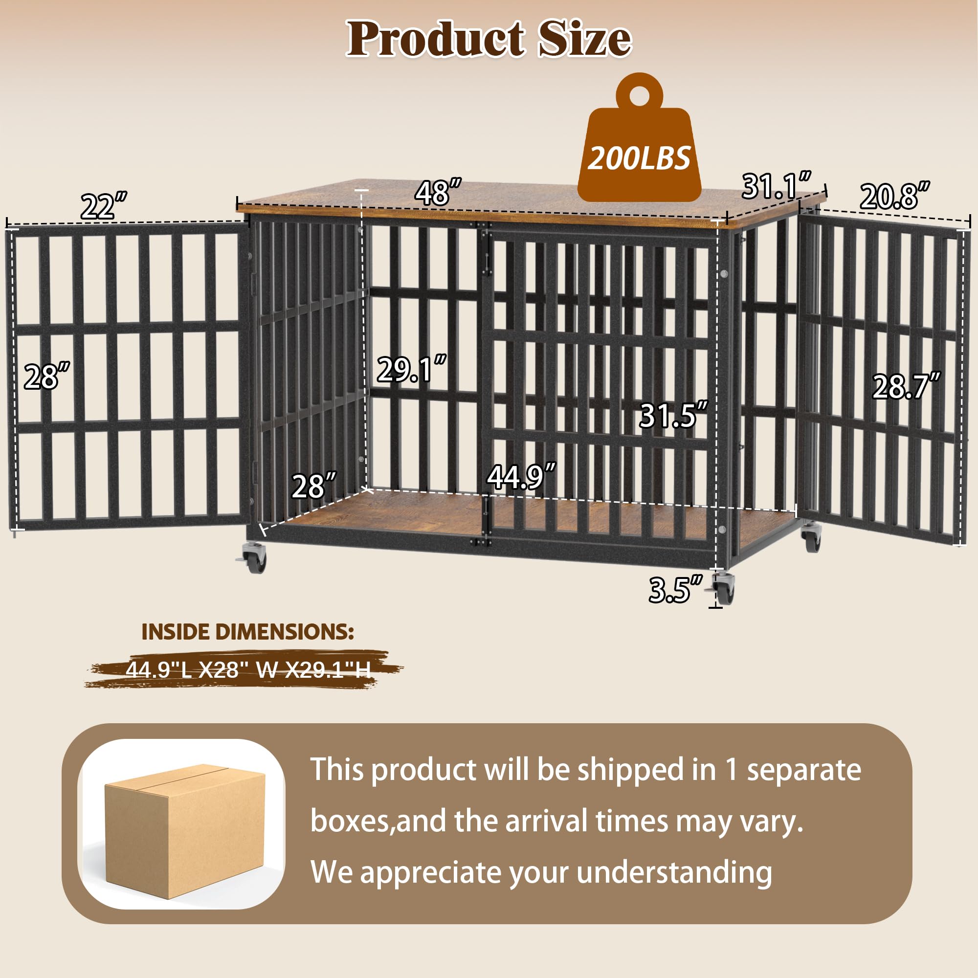 48 Inch Dog Crate Furniture, Heavy Duty Wooden Dog Kennel for Large Dogs, Chew Proof & Escape-Proof Indoor Dog Cage with TV Stand, for Anxious Dogs, Black Brown Cabinet