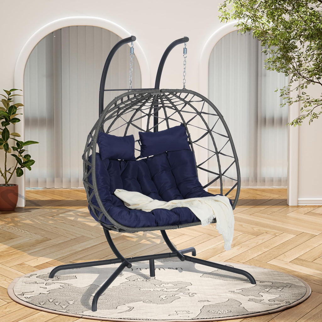 KEIKI Double Swing Egg Chair with Stand, Patio Rattan Wicker Hammock Egg Chair with UV Cushion, 2 Person Outdoor Indoor Hanging Basket Chair, 600LBS Capacity for Balcony, Dark Blue and Gray