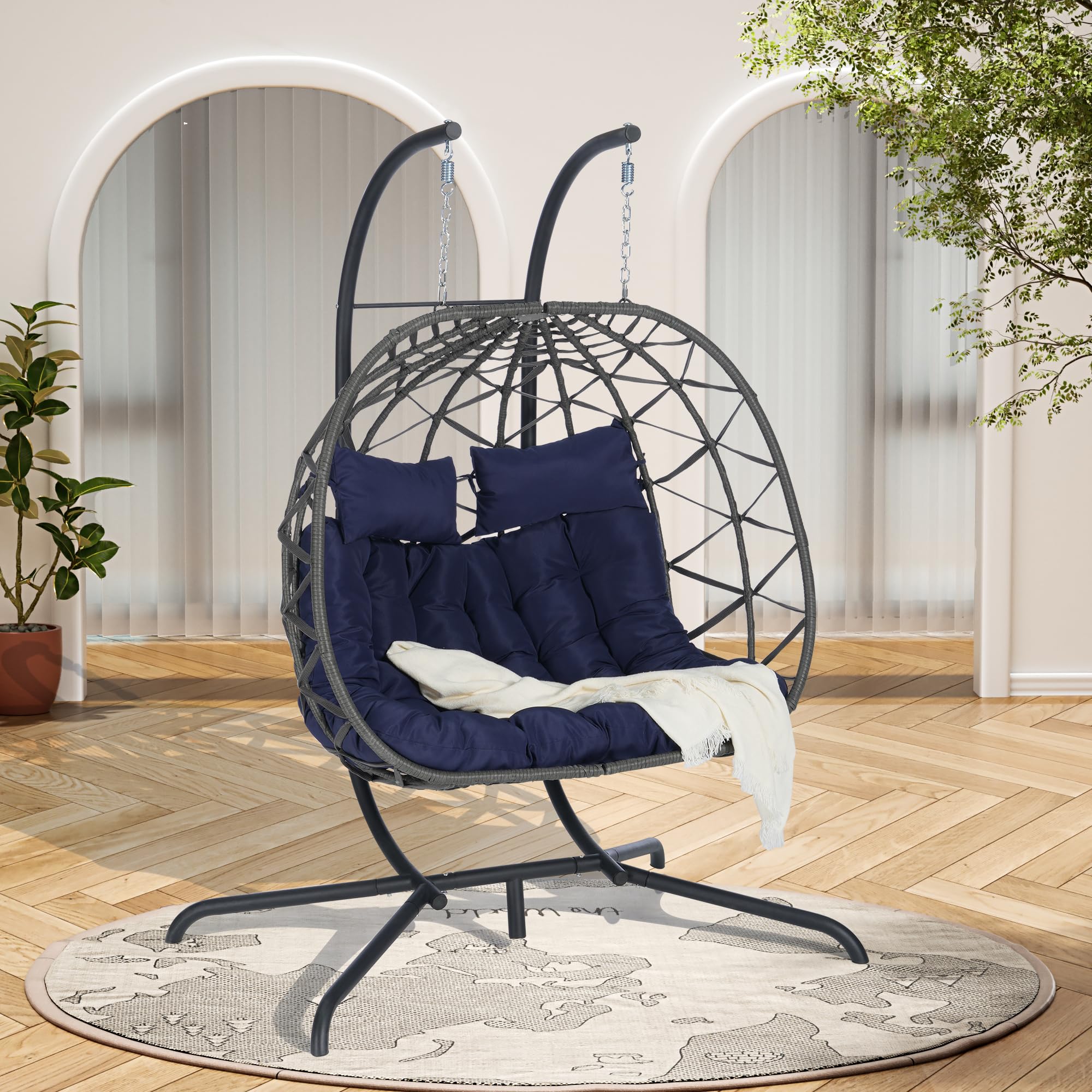 KEIKI Double Swing Egg Chair with Stand, Patio Rattan Wicker Hammock Egg Chair with UV Cushion, 2 Person Outdoor Indoor Hanging Basket Chair, 600LBS Capacity for Balcony, Dark Blue and Gray
