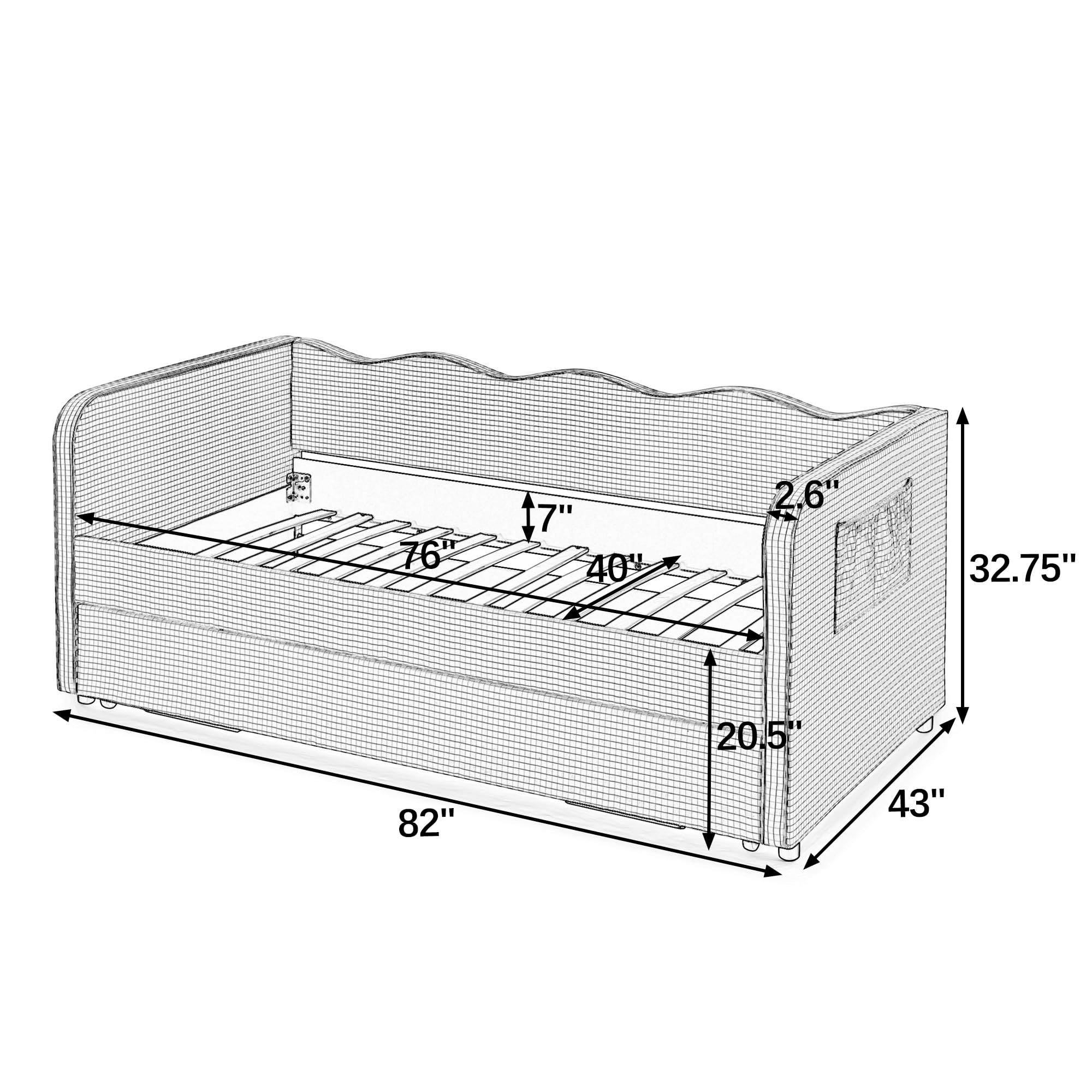 KEIKI Twin Size Upholstered Gingham Daybed with Trundle, Twin to King Design Adorable Wave Shaped Extendable Sofa Bed, Easy Assembly, No Box Spring Required, for Living Room & Bedroom, Cyan