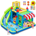 FBSPORT Inflatable Bounce House Water Slide, Bounce House for Kids with Toy Market Stand Splash Pool Bouncer Climbing Wall Water Gun Ball Dart, Bouncy Castle W/620W Blower for Outdoor Indoor, Green