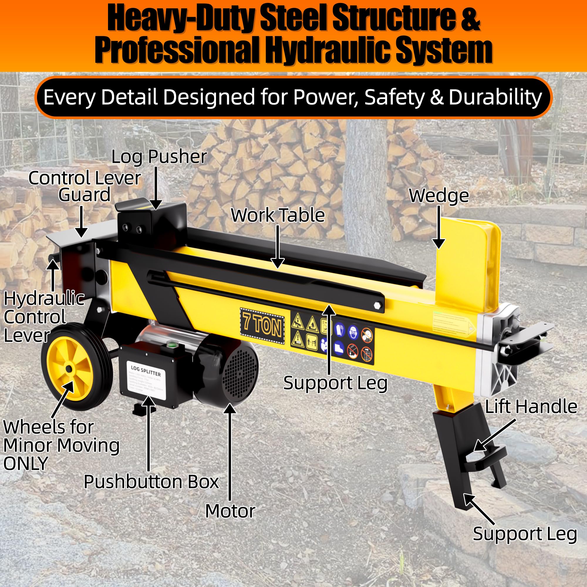 PPOLB 7 Ton Electric Wood Splitter, 15Amp Hydraulic Log Splitter, Portable Electric Log Splitter for Firewood, Compact Horizontal Wood Splitter for Backyard, Garage, Cabin - Yellow