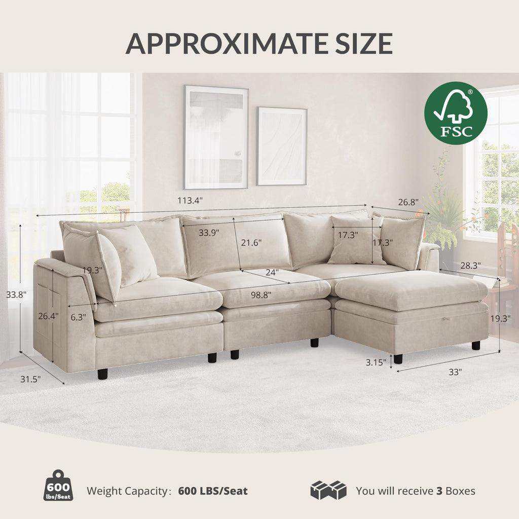 Attalee 113.4'' Modular Sectional Couches for Living Room with Storage Ottoman, Modern Comfy Deep Seat Sleeper Upholstered Cloud Couch Sofa, Oversized 4-Seat L Shaped Couch with Throw Pillows, Beige
