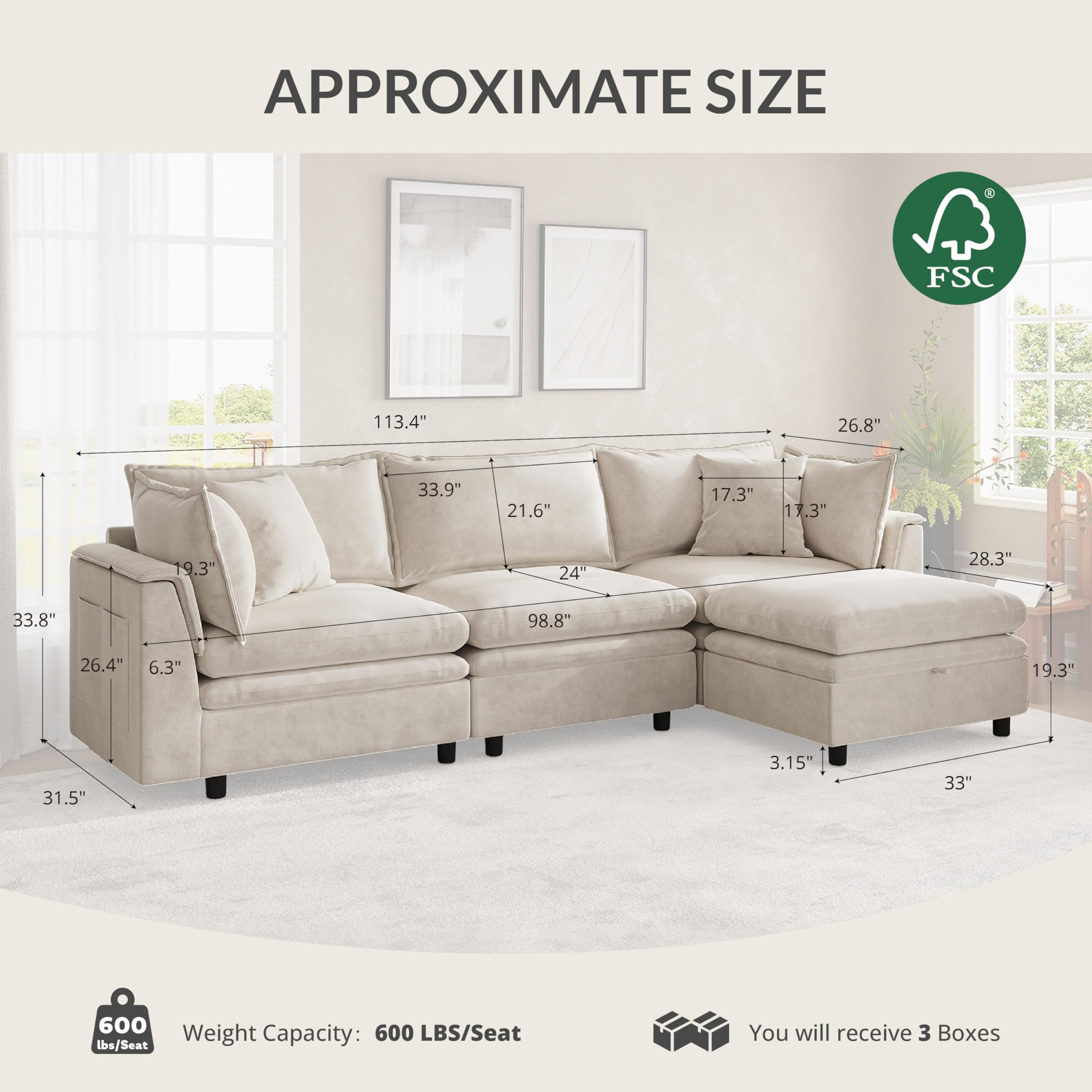 Attalee 113.4'' Modular Sectional Couches for Living Room with Storage Ottoman, Modern Comfy Deep Seat Sleeper Upholstered Cloud Couch Sofa, Oversized 4-Seat L Shaped Couch with Throw Pillows, Beige