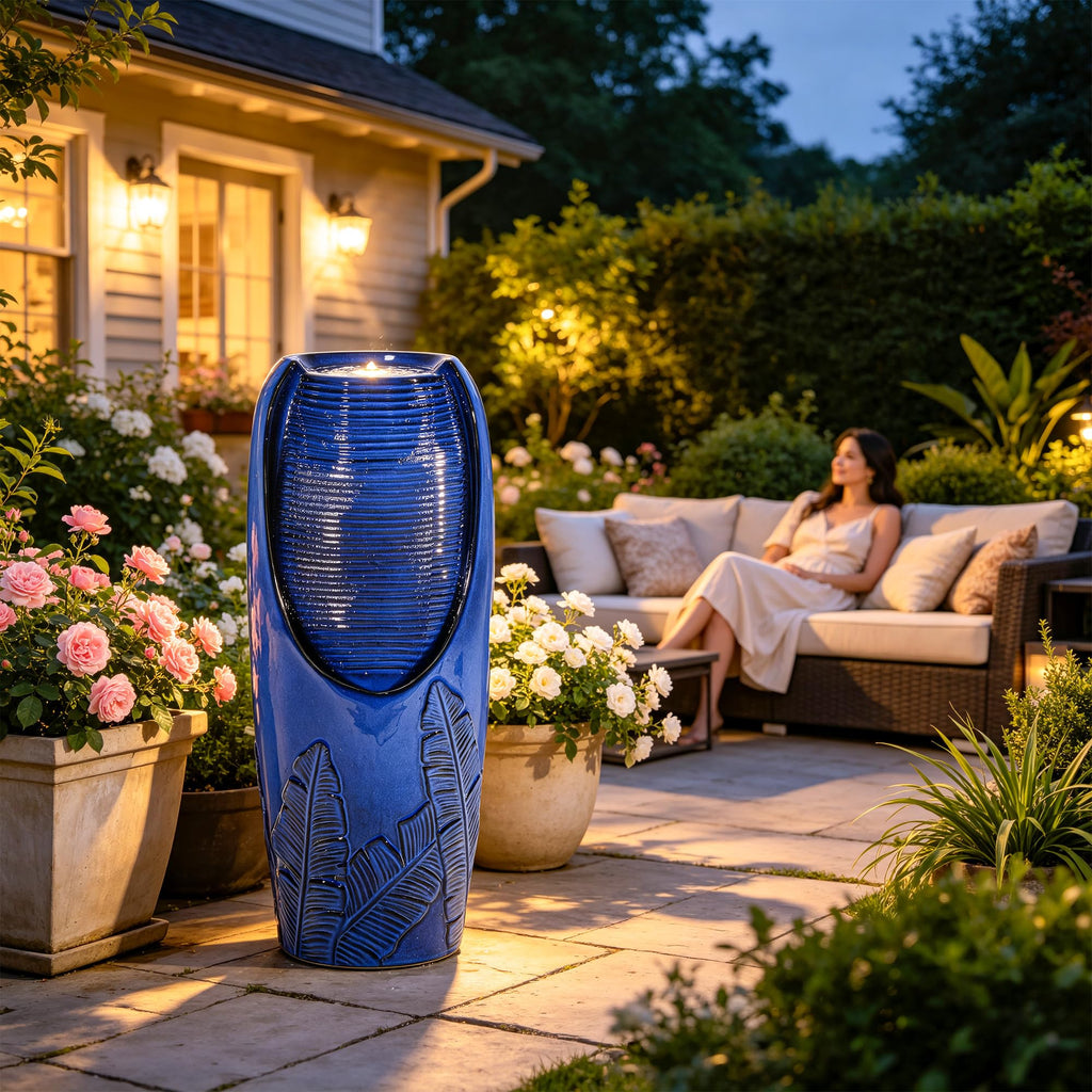 Autodaya 33" H Outdoor Garden Fountain with LED Lights, Modern Ceramic Jar Water Fountain, 3D Tropical Leaf Pattern, Cobalt Blue Glaze, Soothing Cascading Waterfall for Relaxing Patio, Yard, Porch