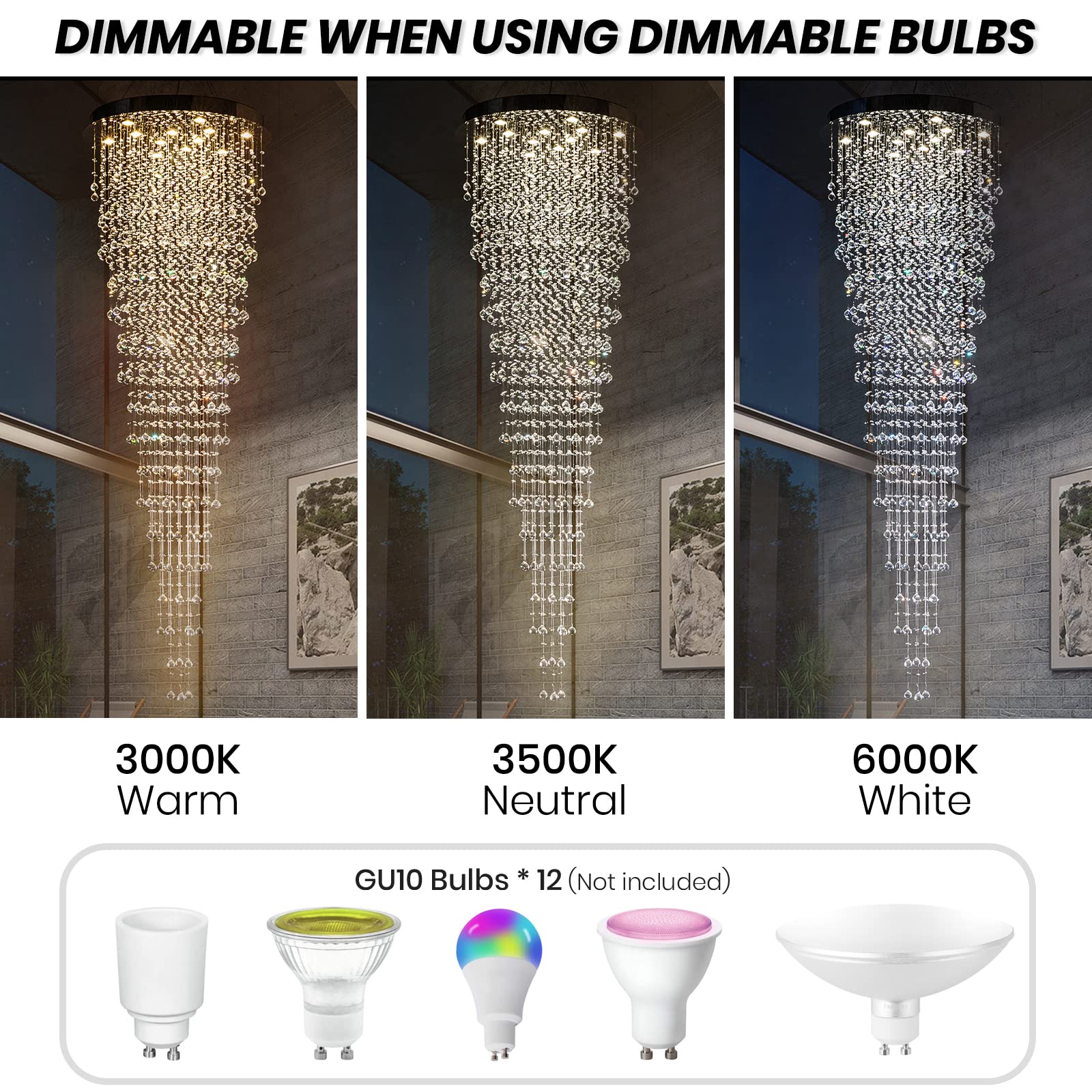APBEAM Modern Large Crystal Chandelier for High Ceilings, Raindrop Round Large Foyer Chandelier, Luxury Flush Mount Ceiling Light Fixture for Stairse Entryway Living Room Dia 32" x H 96"-12 Lights