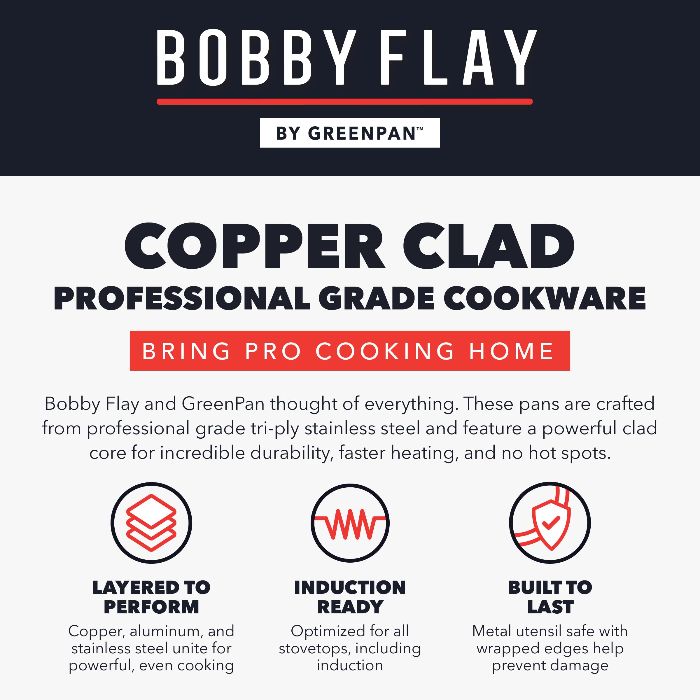 GreenPan x Bobby Flay 8 Piece Copper Clad Pots & Pans, Induction Ready Cookware, Measurement Markings, Stainless Steel Base & Interior, Oven Safe to 500˚F